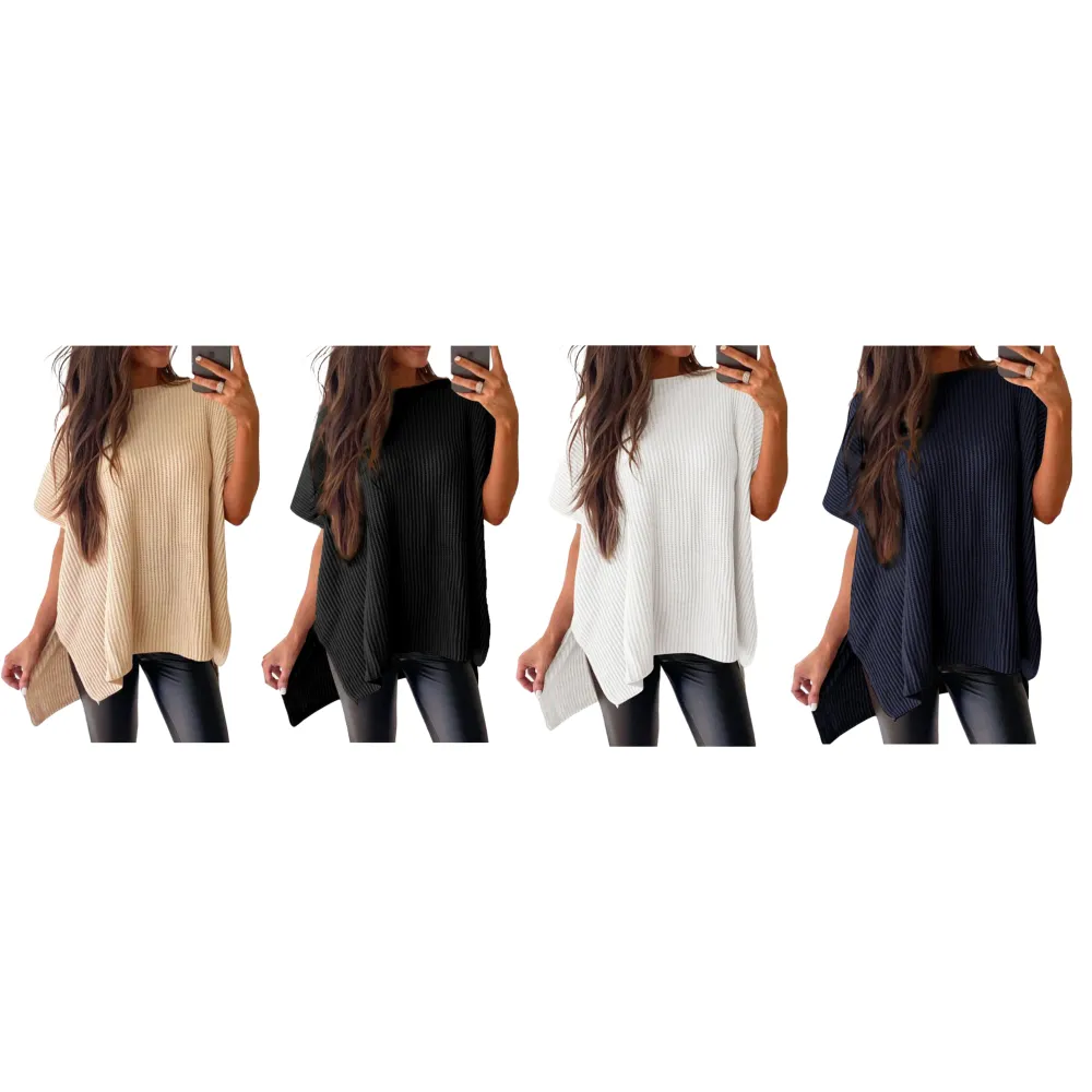 Women's loose-fitting round neck short-sleeved knitted sweater