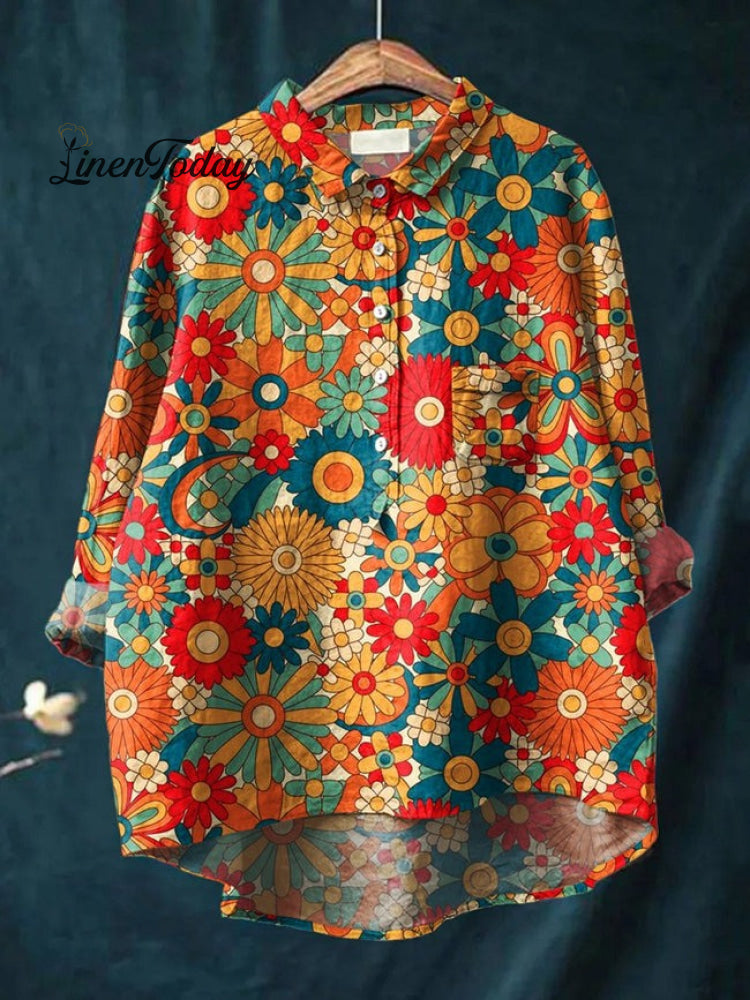 Women's Flower Print Casual Cotton And Linen Shirt