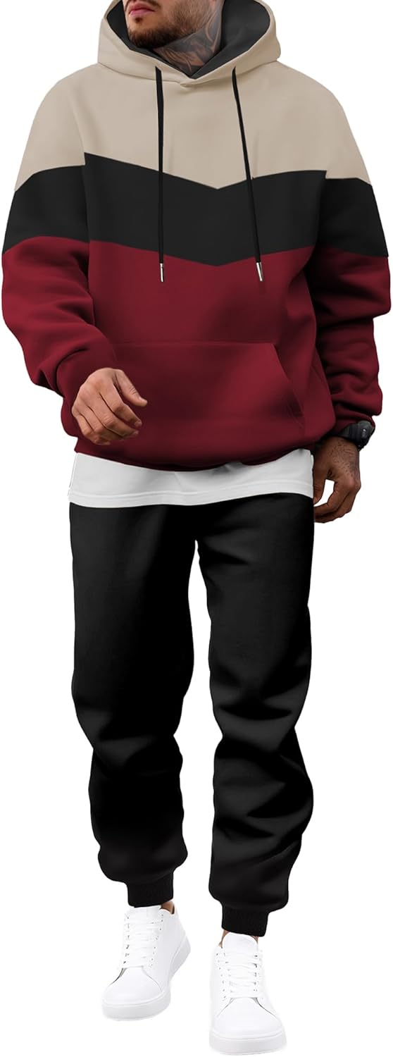 Men's Hoodie Tracksuit 2 Pieces Set Novelty Color Block Pullover Fleece Hoodies Long Sleeve Casual Sweatshirt