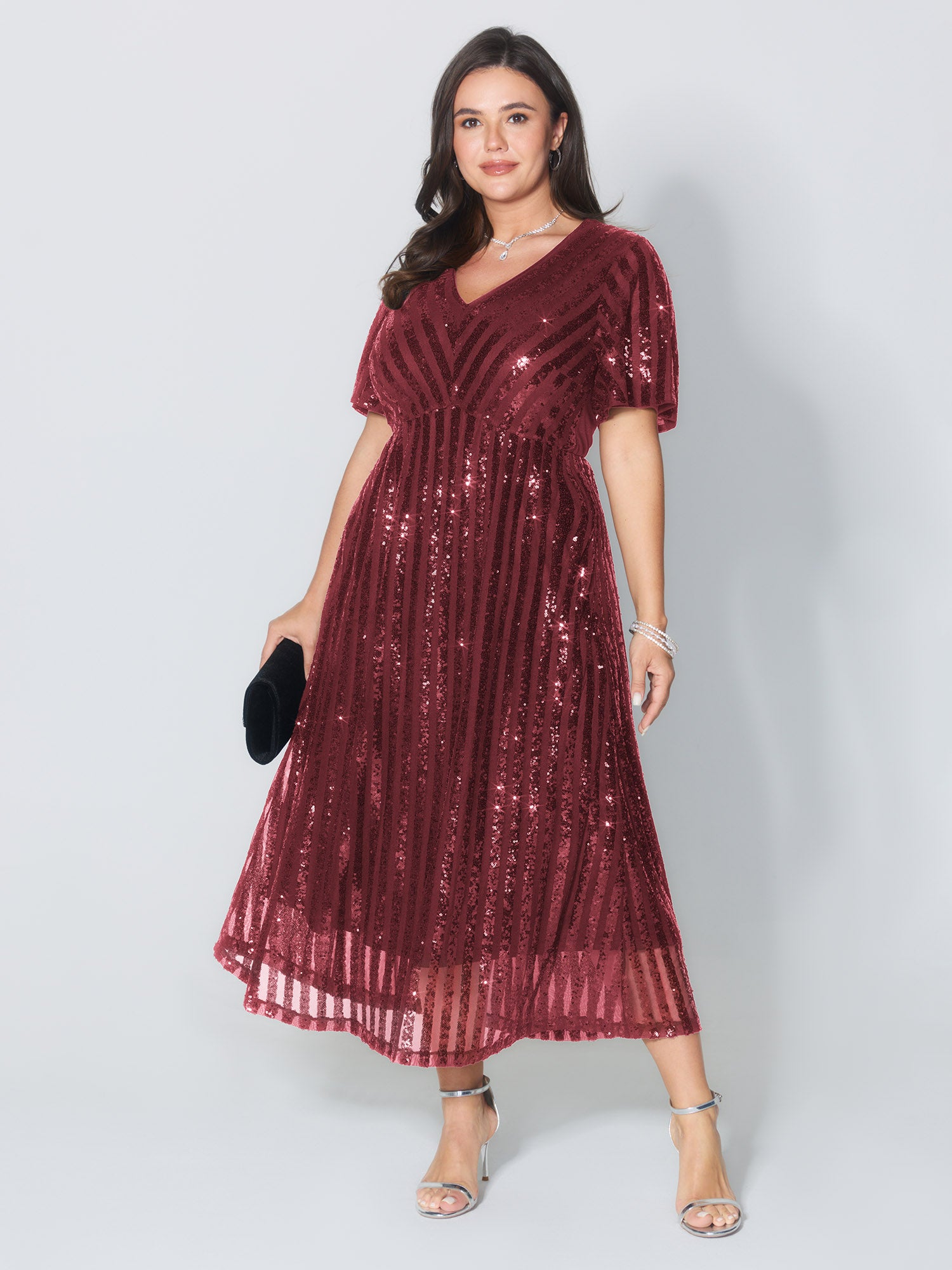 Shimmery Sequin V-Neck Midi Dress