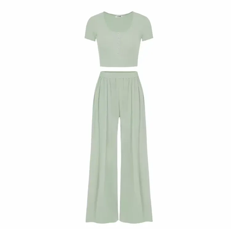 Women's Casual Co-ord Set – Slim Top & Wide Leg Pants