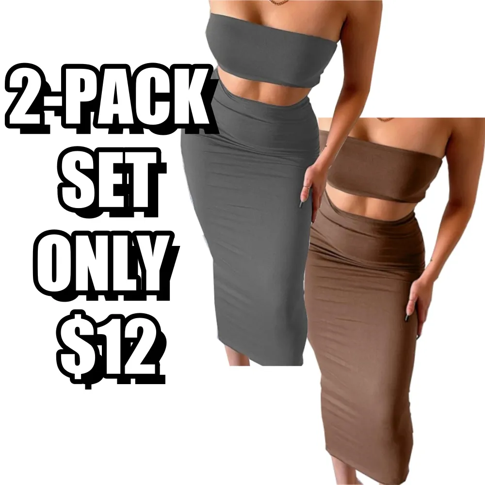 Women's Solid Backless Crop Tube Top & High Waist Skirt Set