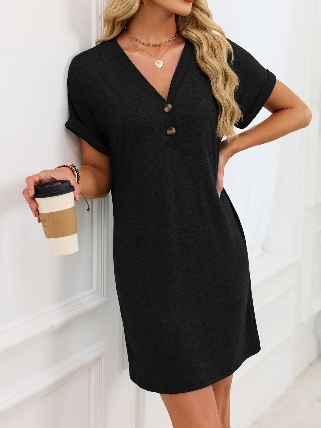 Casual V-Neck Short Sleeve T-Shirt Dress