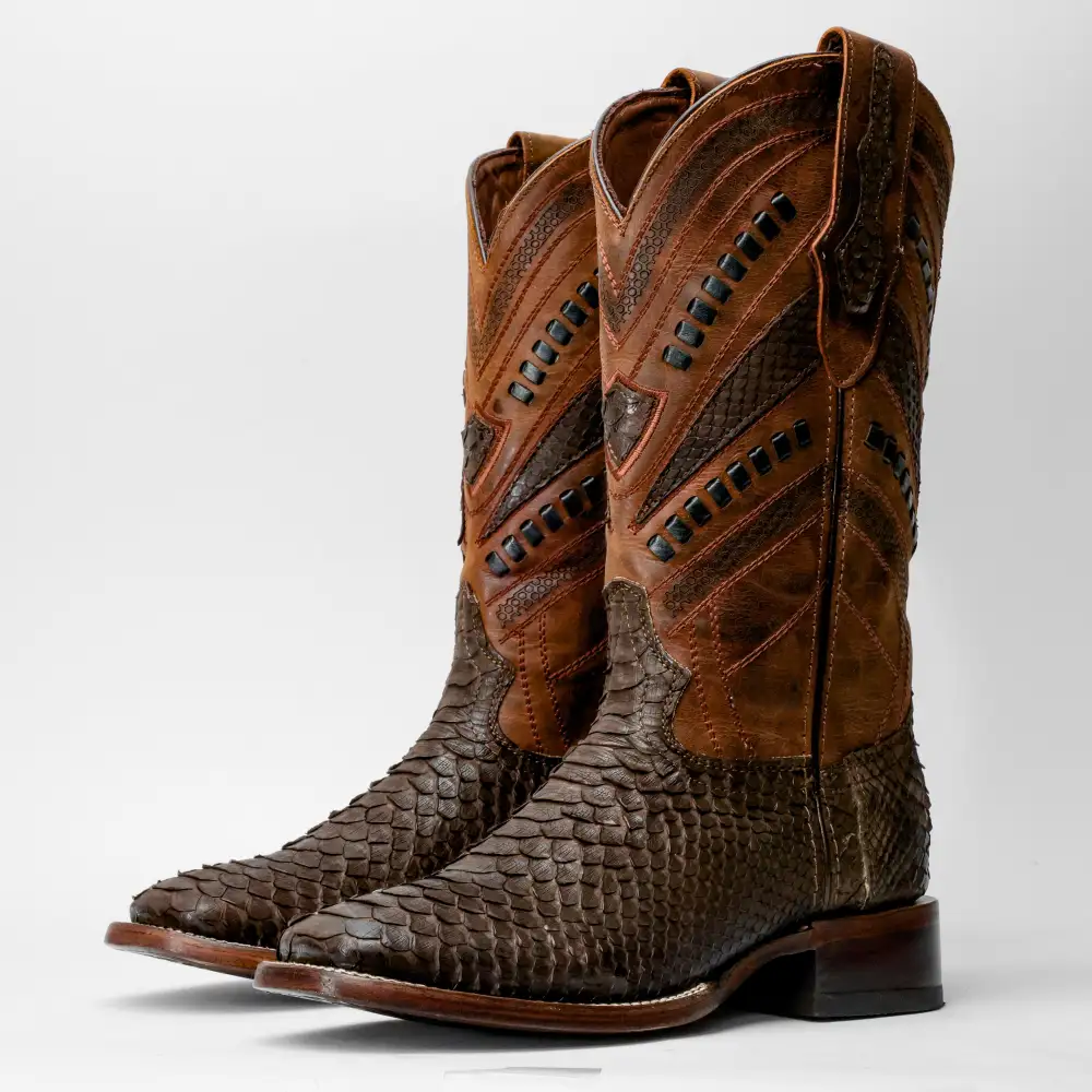 Matte Brown Genuine Python Boots - Square Toe