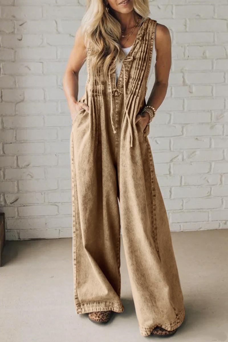 Ladies' Shoulder Strap Hollow Splicing Pleated Casual Jumpsuit