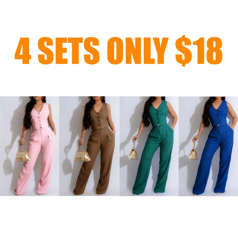 Women's Button Front V Neck Crop Tank Top & High Waist Pants Set