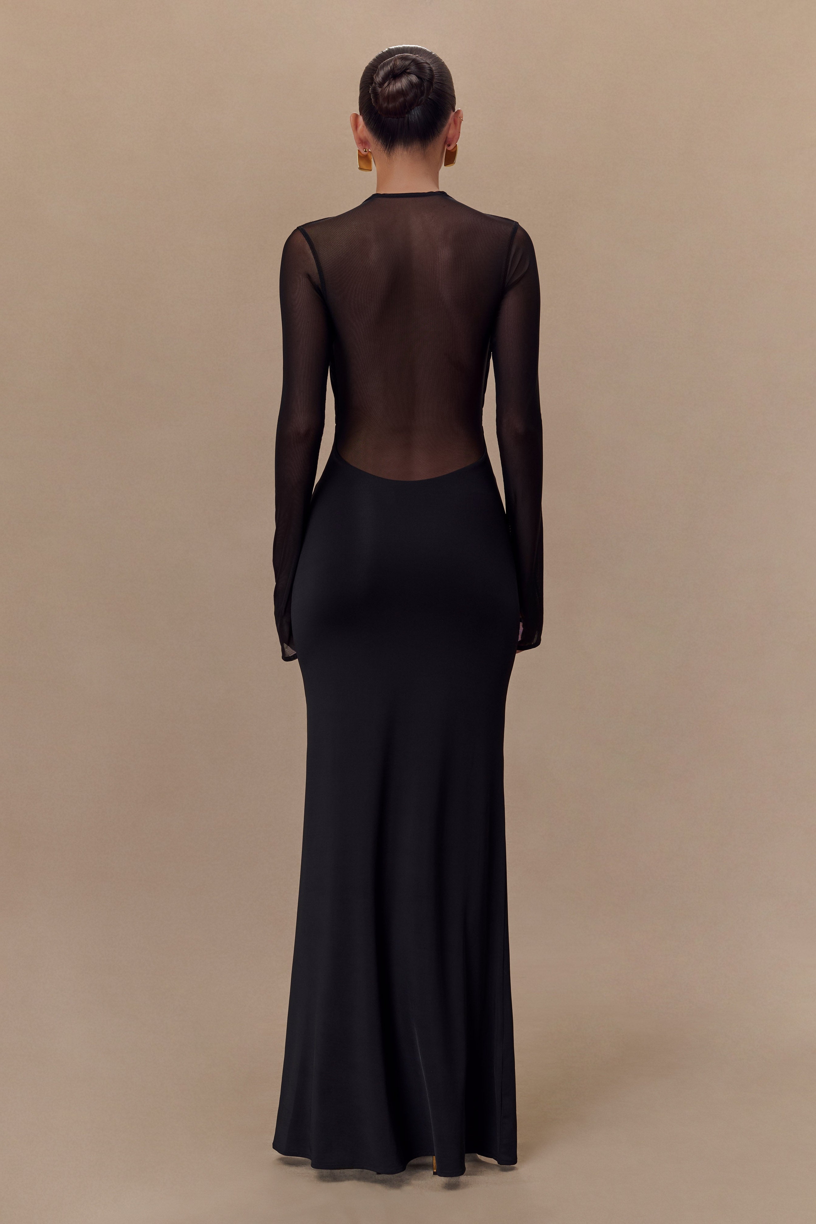 Black Slinky And Mesh Long Sleeve Maxi Dress