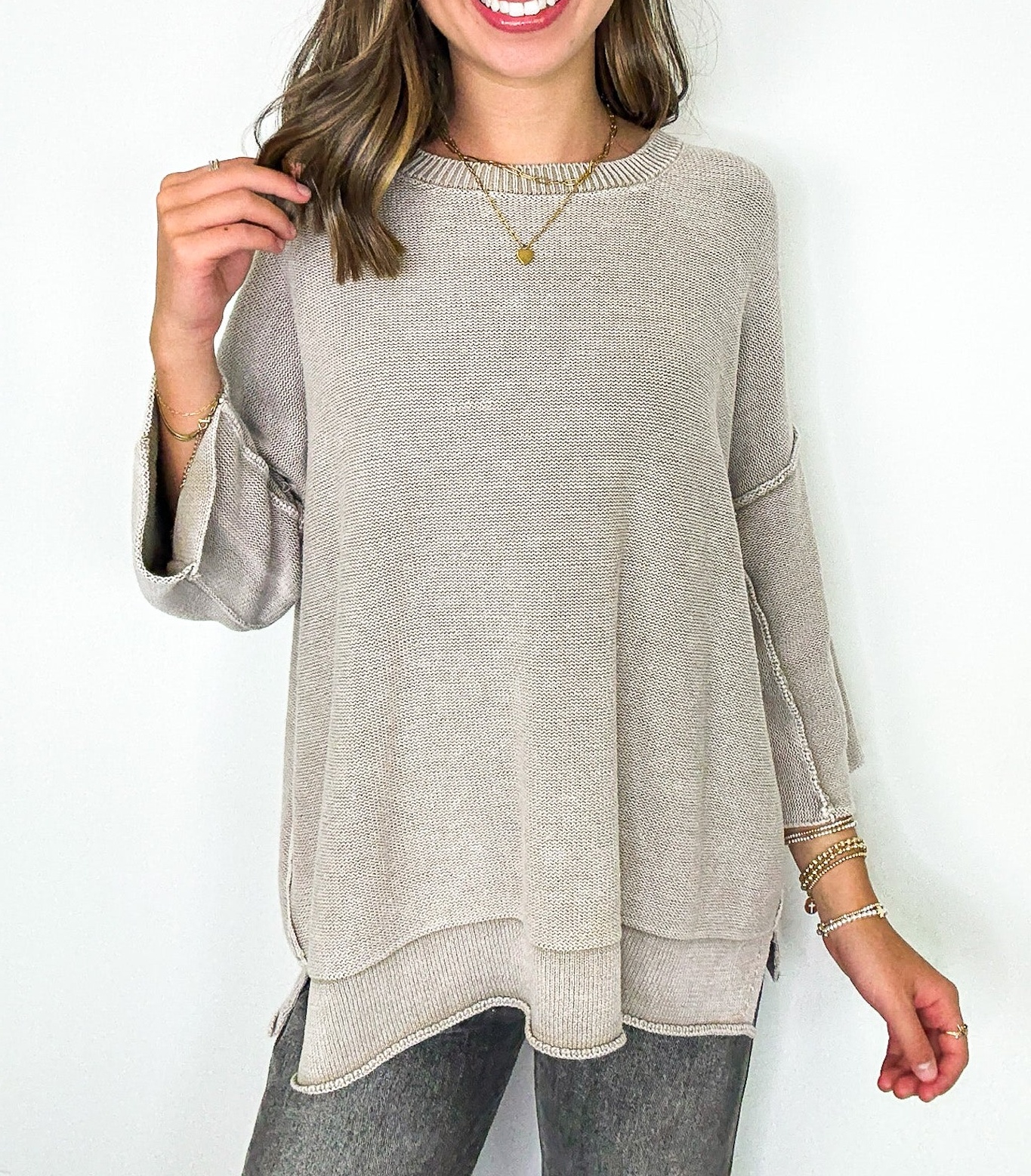 Cozy Fade Washed 3/4 Sleeve Relaxed Sweater