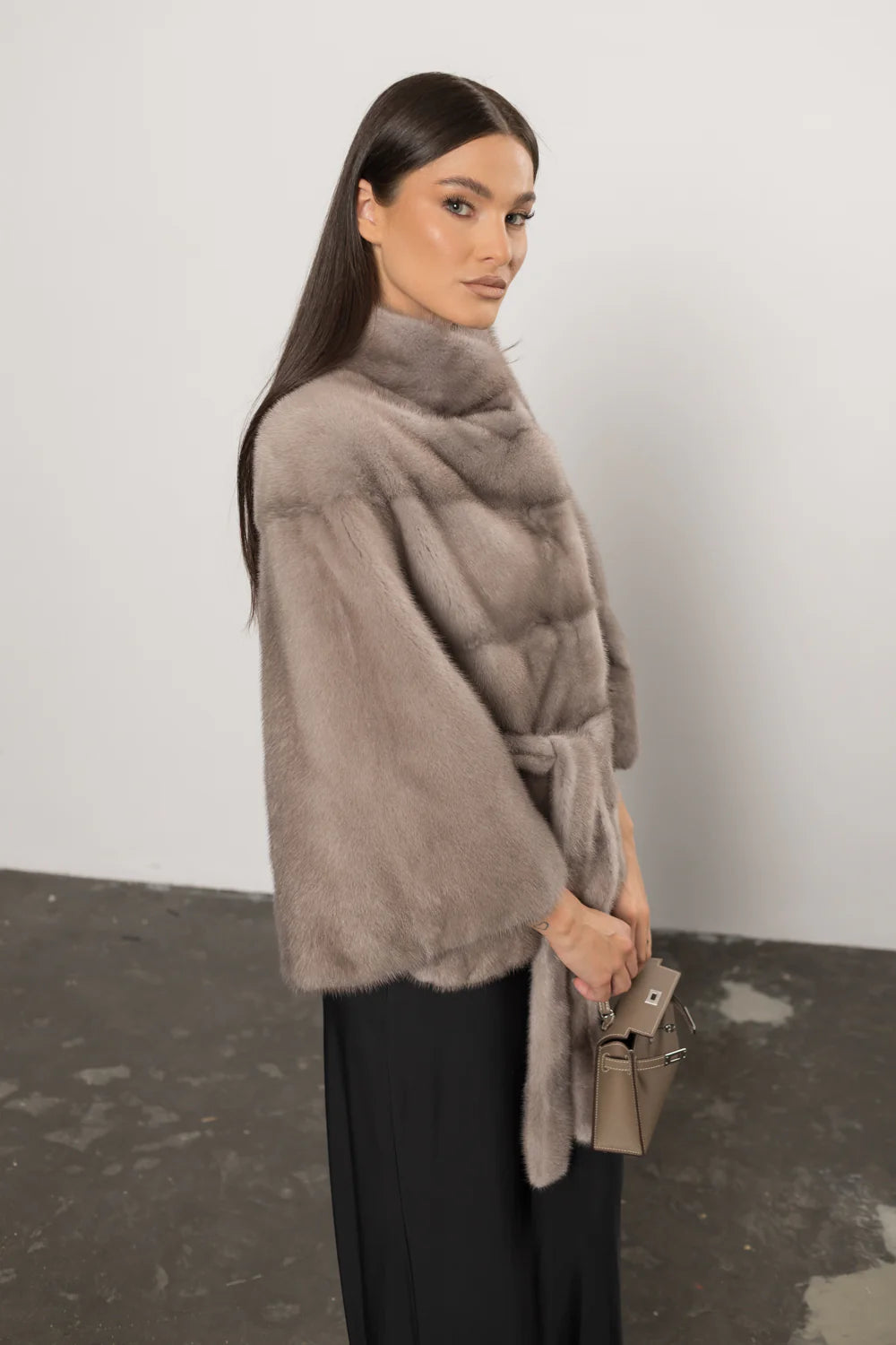 Haină din Blană Naturală de Vizon, cu Cordon, Femei, Silver Blue 406