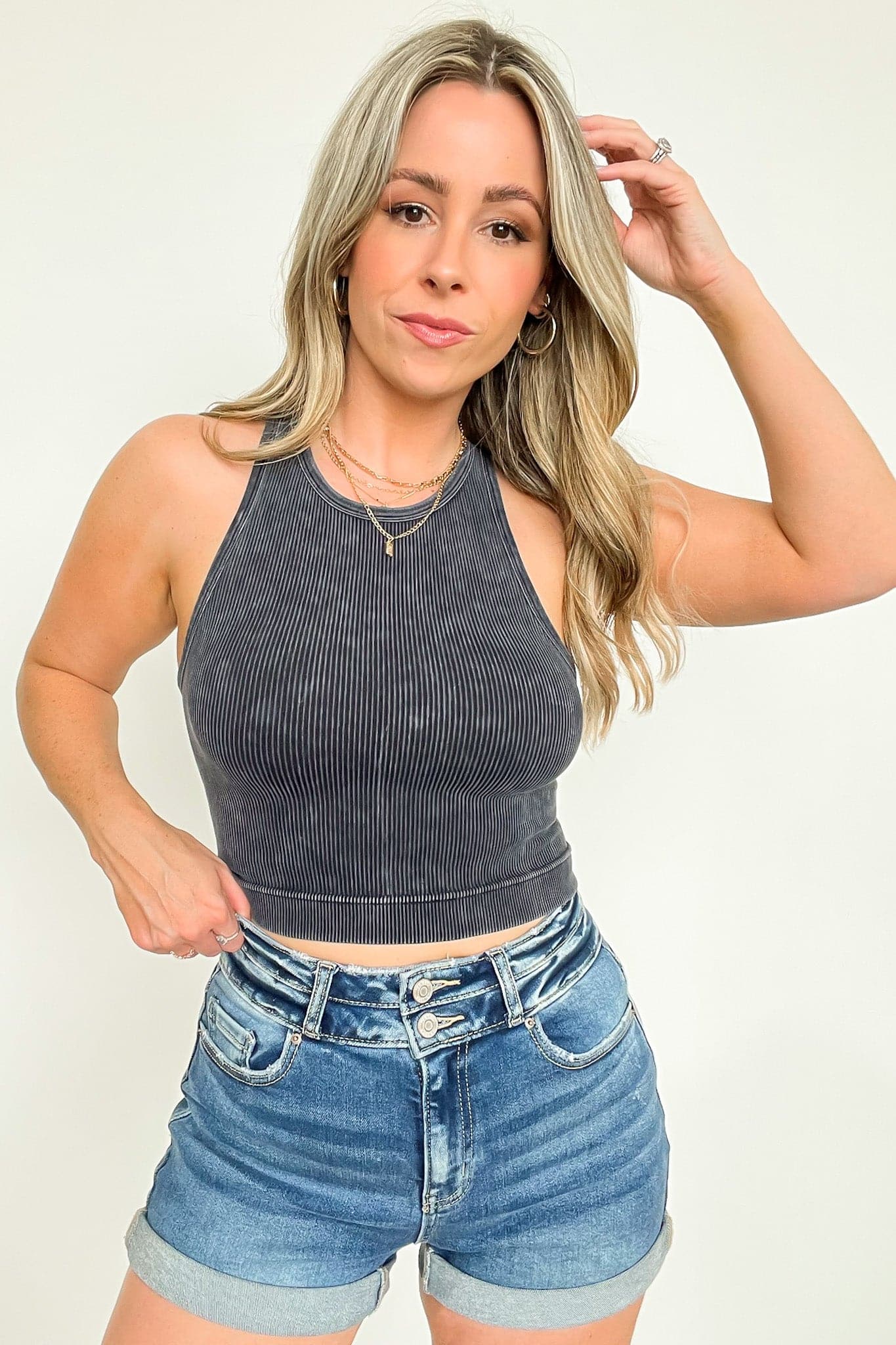 Washed Ribbed High Neck Cropped Tank Top
