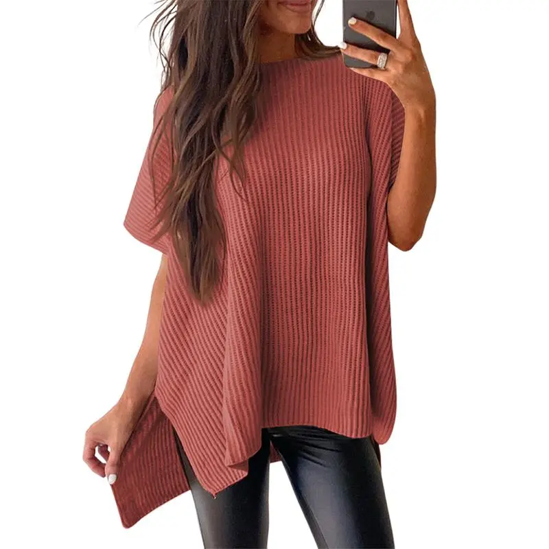 Women’s Crew Neck Short Sleeve Pullover Elegant Solid Color Knitwear