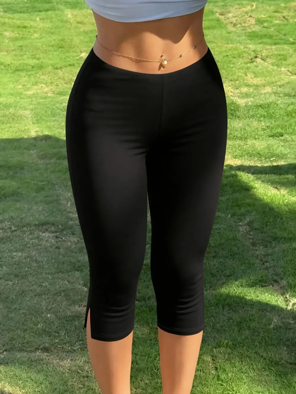 Women's Streetwear Black Capri Slim-Fit Pants, Active Pants With Side Slit Detail