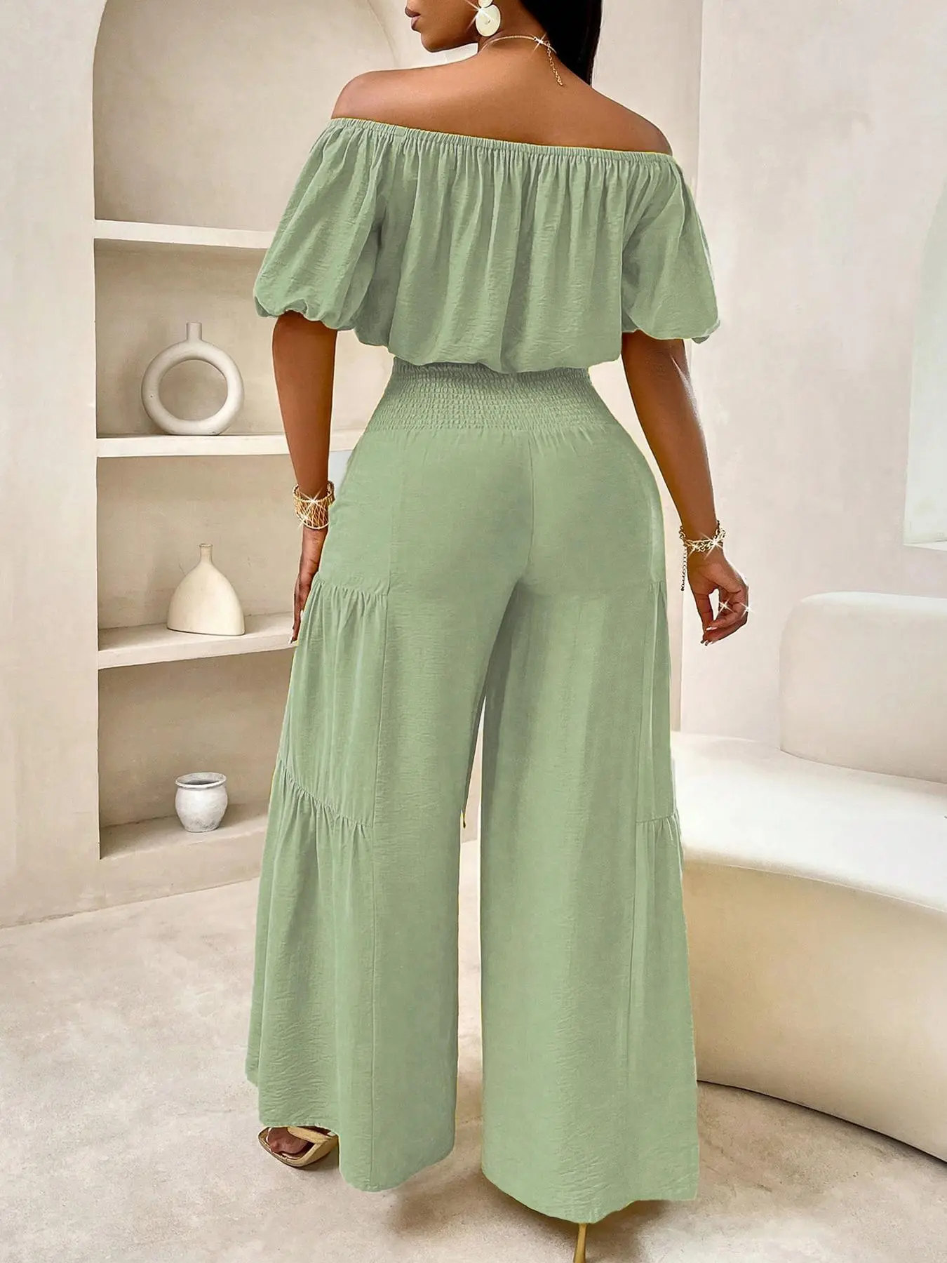 Summer Beach Vacation Bow Shoulderless Round Neck Shirt Wide Leg Pants Set