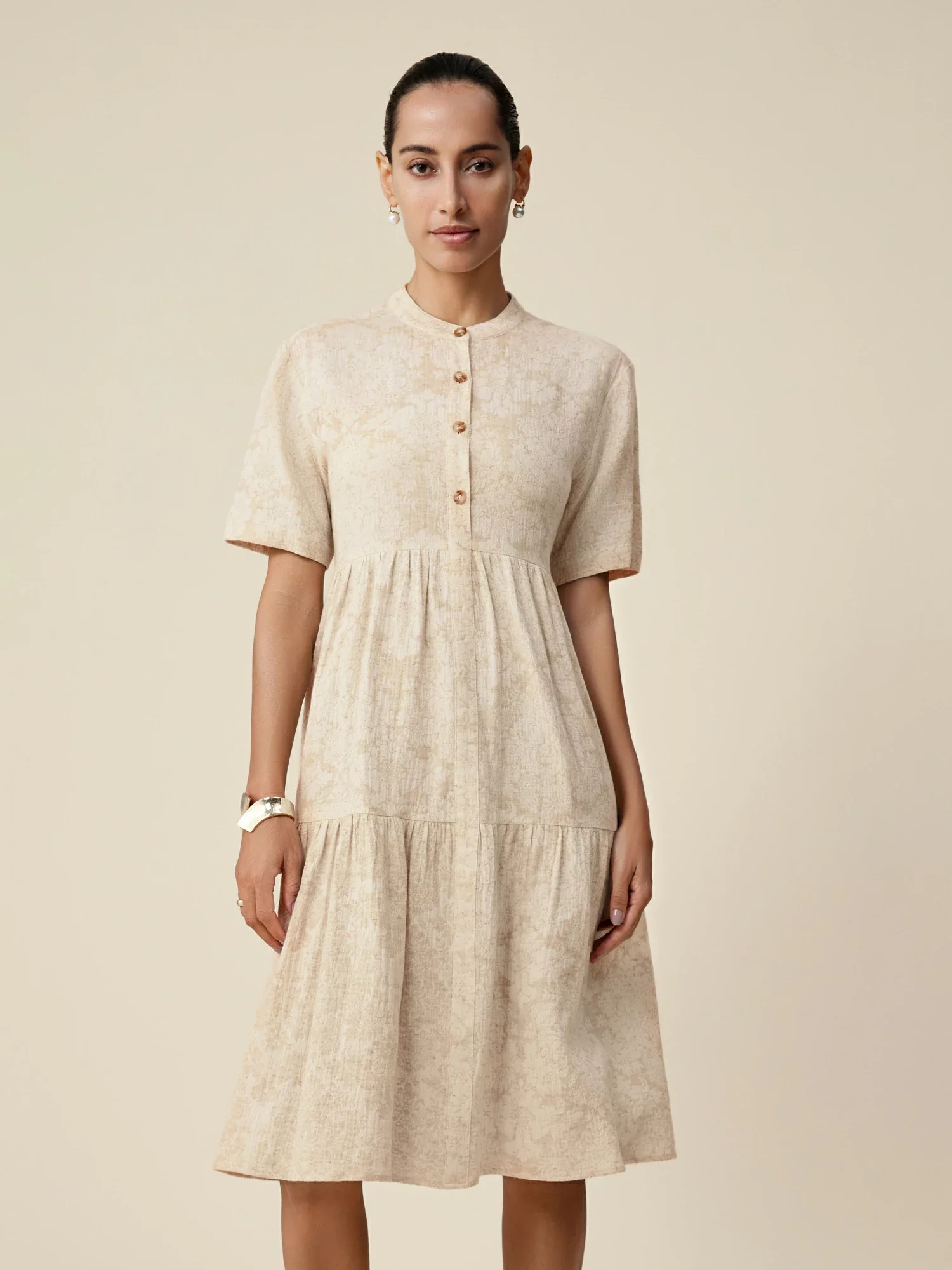Cotton & Linen Stand Collar Short Sleeve Loose Ruffle Dress