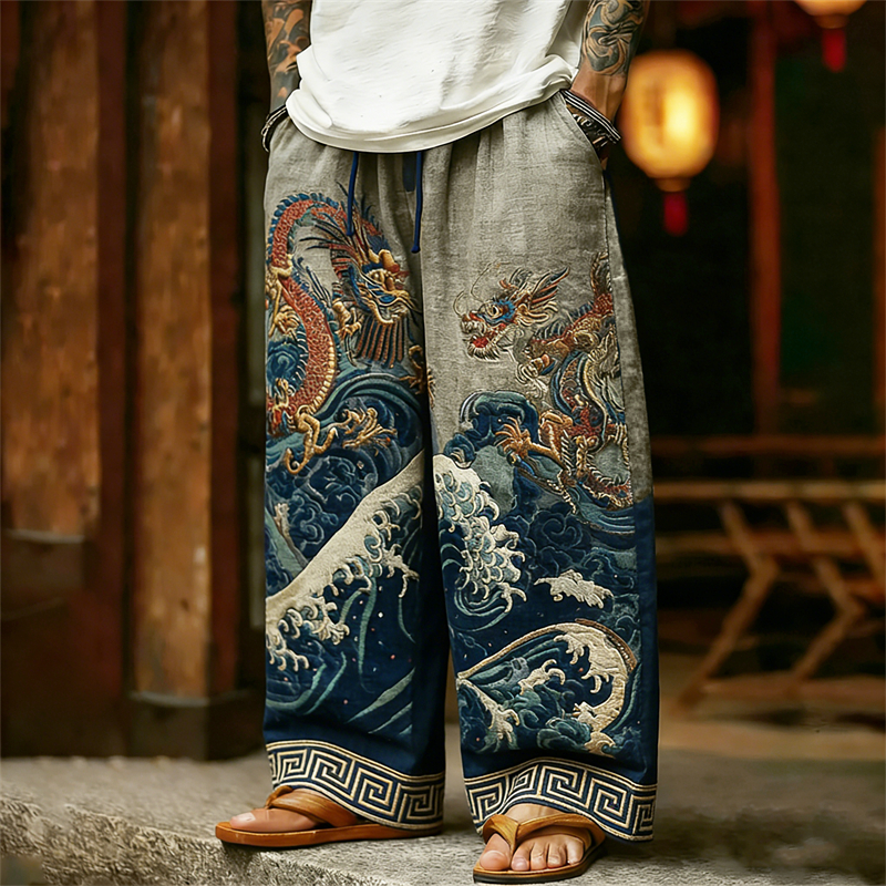 Men's Japanese Dragons & Sea Waves Art Linen Pants