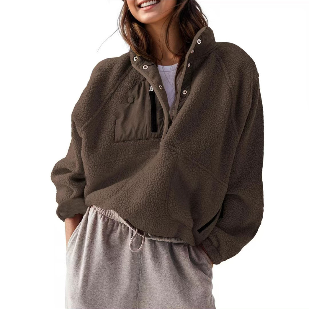 Women's Lightweight Sherpa Fleece Pullover Jacket with Pockets