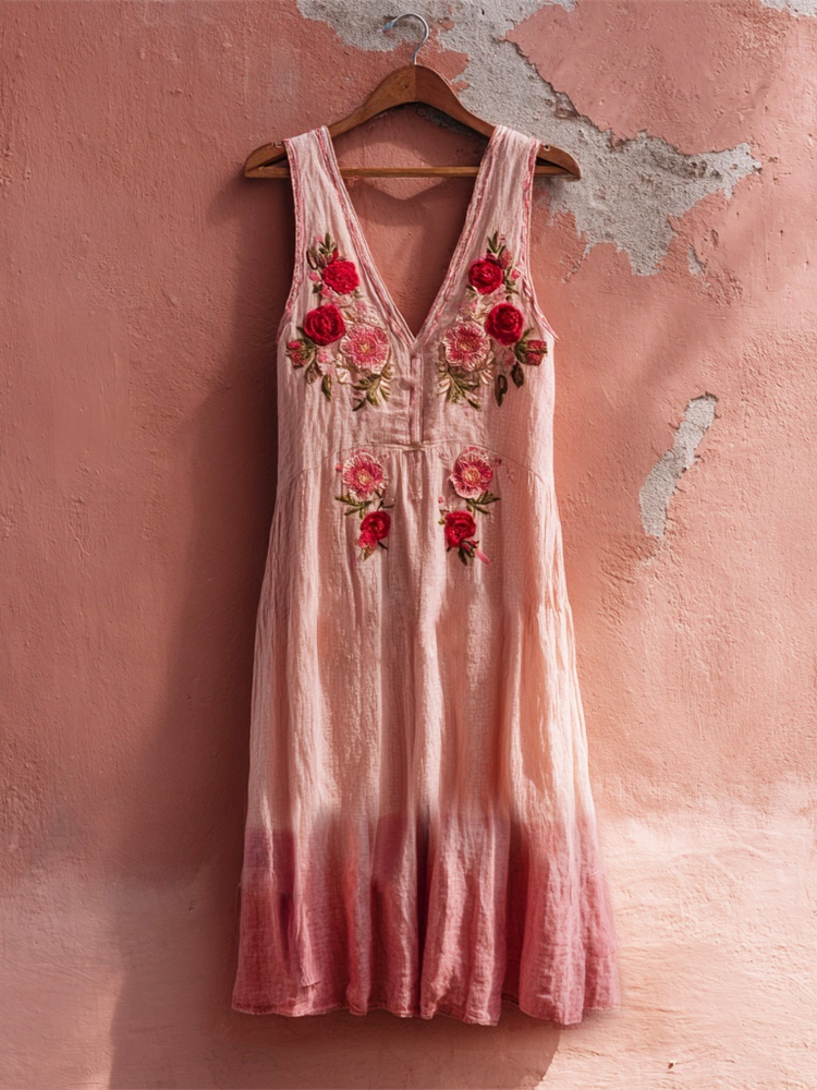 Boho Floral Embroidered Women's Linen Vest Midi Dress