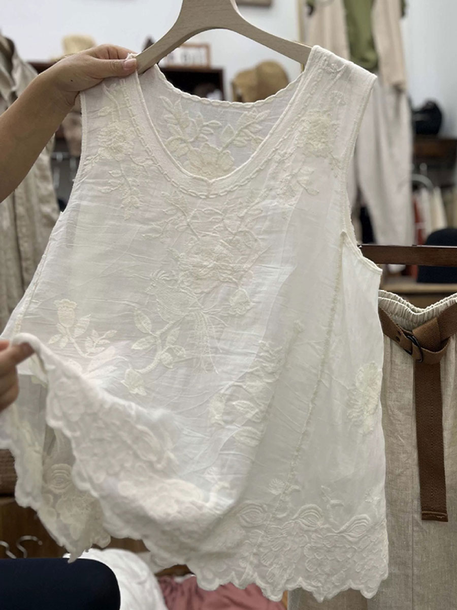 Women's  Vintage Lace Sleeveless Cotton and Linen Vest Top