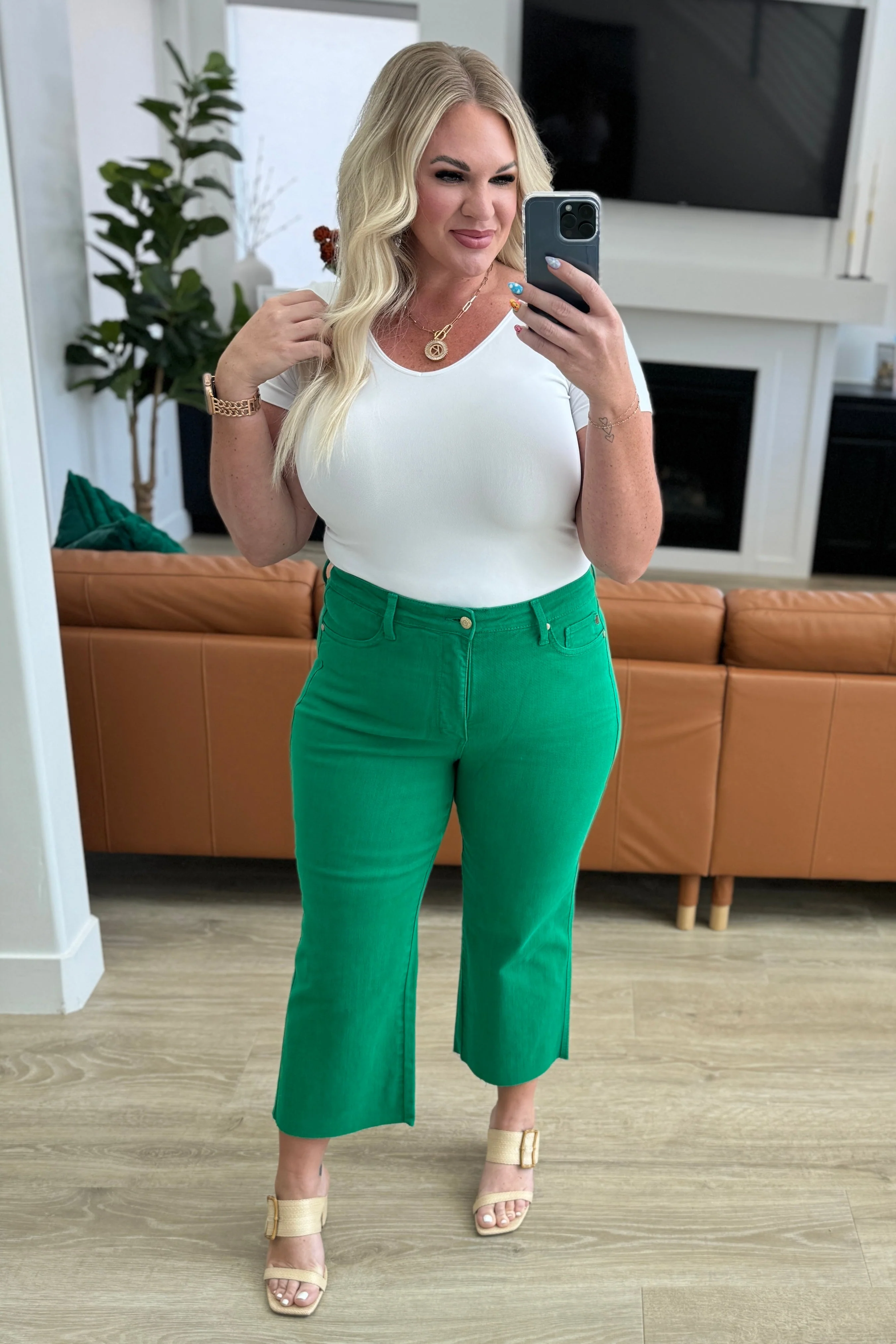 High Rise Control Top Wide Leg Crop Jeans in Kelly Green