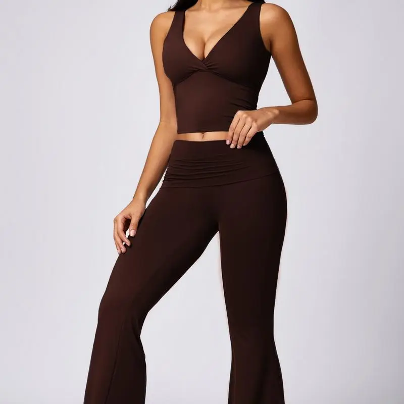 Women's 2-Piece Deep V Neck U-Back Tank & High-Waist Flared Leggings Set