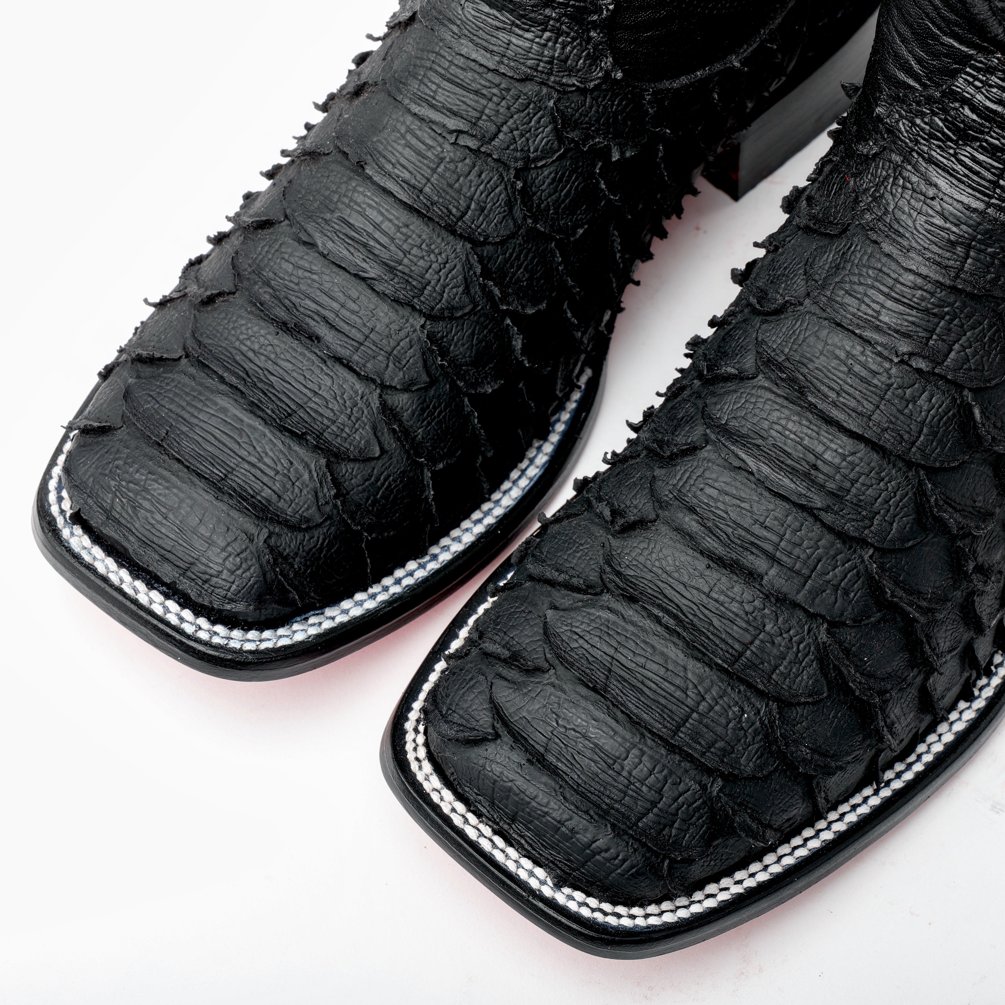 Matte Black Jumbo Python Leather Boots - Square Toe