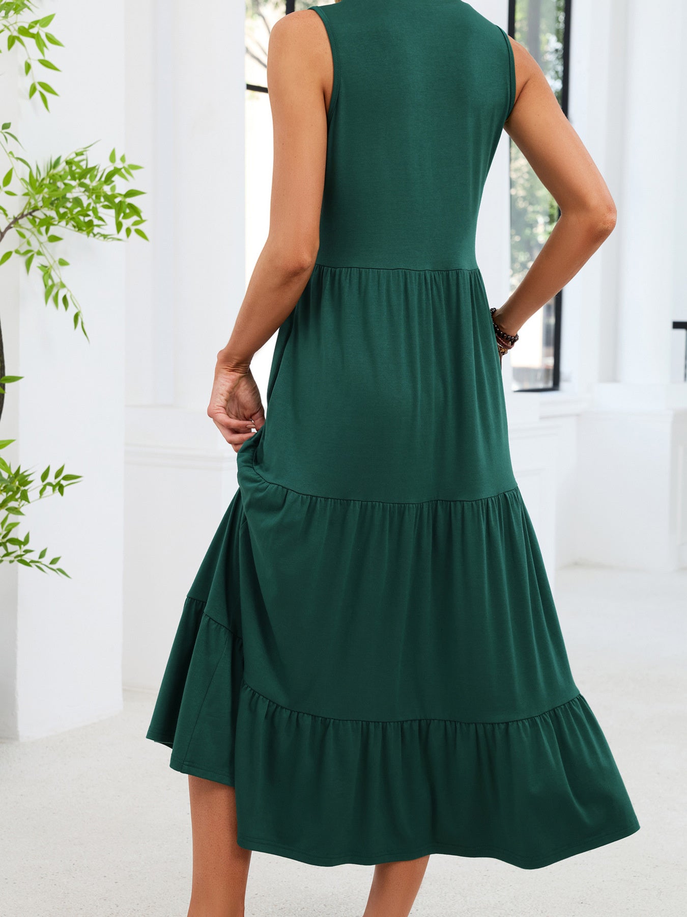 Ruffled Notched Tiered Midi Dress