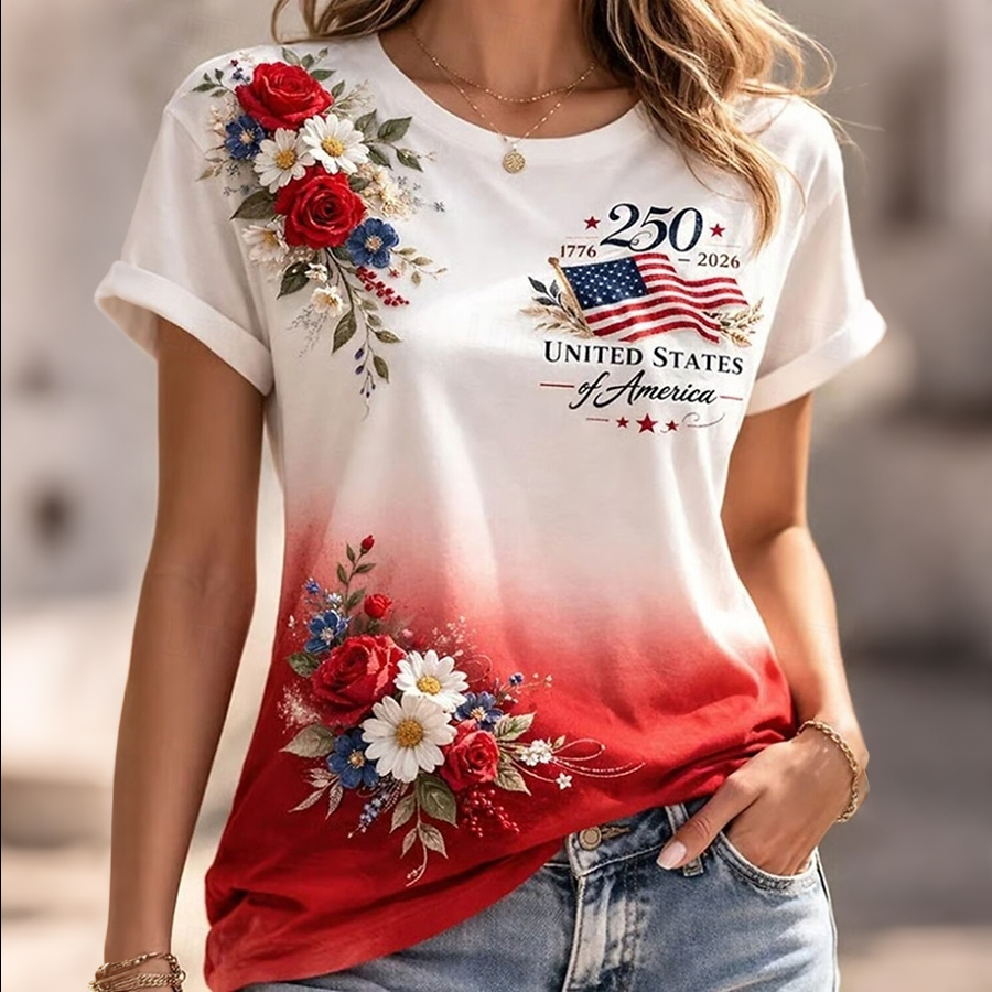Ladies' casual US National Day floral gradient print round neck T-shirt