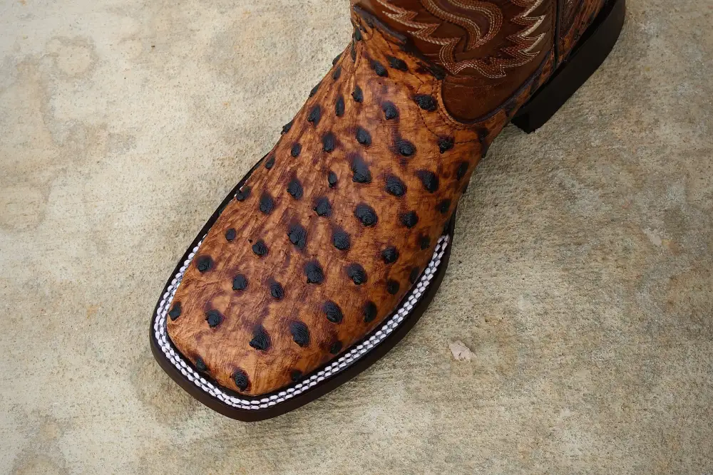 Cognac Ostrich Leather Boots — Square Toe