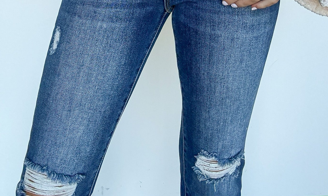 High Rise Distressed Slim Straight Jeans
