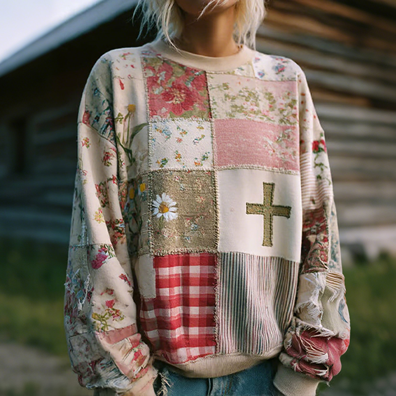 Women's Cross Floral Patchwork Art Cozy Sweatshirt