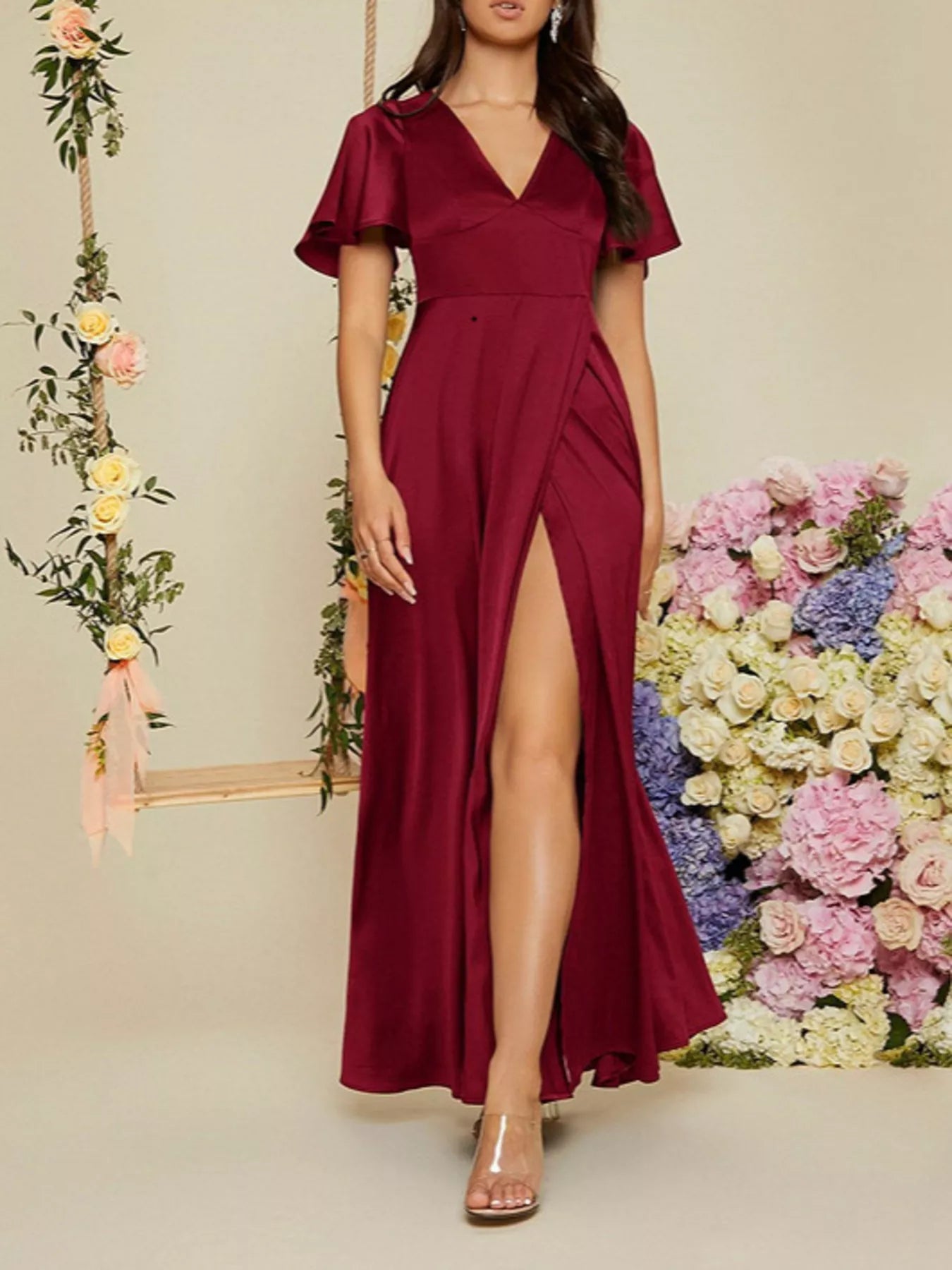 Flutter Sleeve Slit Maxi Dress