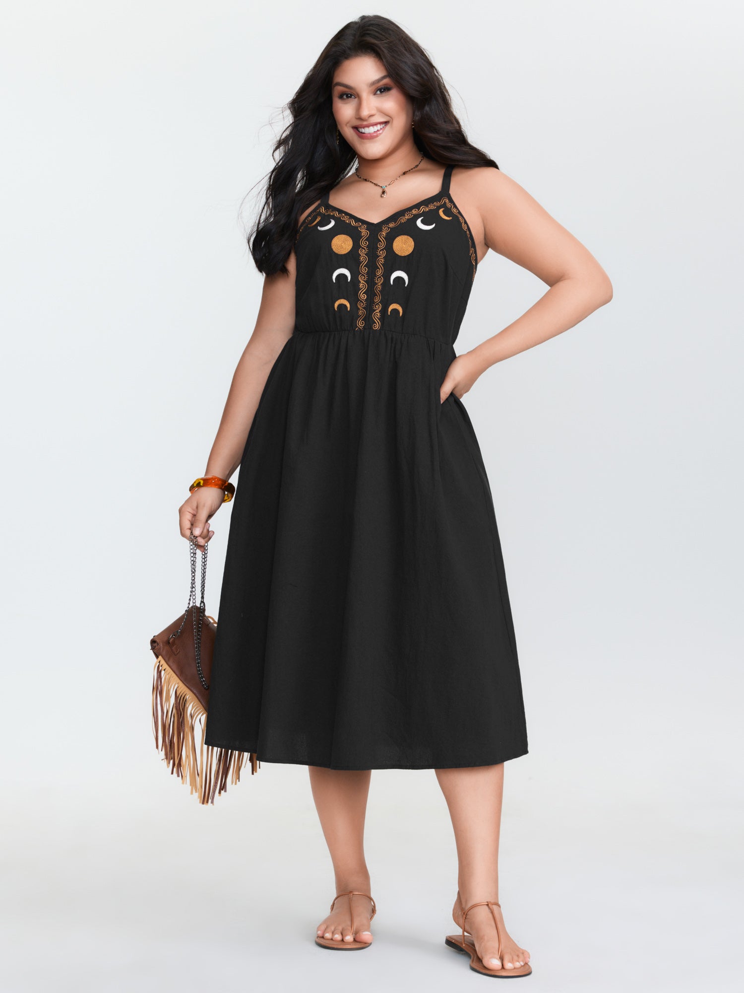 Cotton Star Moon Embroidered Shirred Midi Dress