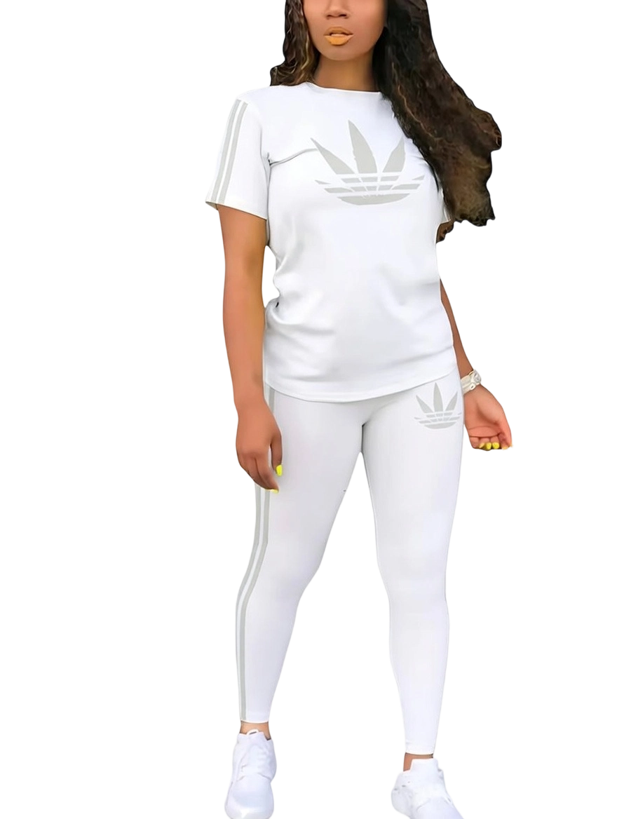 Women's Printed Casual Sporty Round Neck Drawstring Short Sleeve and Long Pants Two-Piece Set