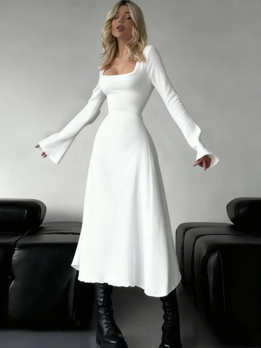 Women's Plain Lace Up Tie Back Flounce Sleeve Dress