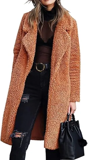 Women's Fuzzy Fleece Lapel Open Front Long Cardigan Coat Faux Fur Warm Winter Outwear Jackets Clothing Set