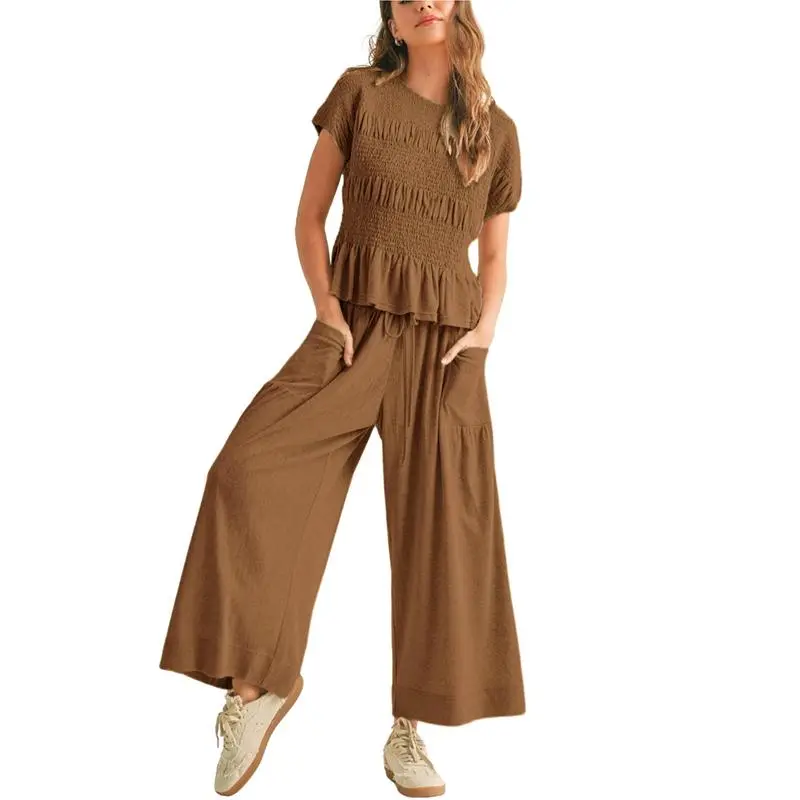 Casual Boho Matching Set Smocked Top & Wide-Leg Pants