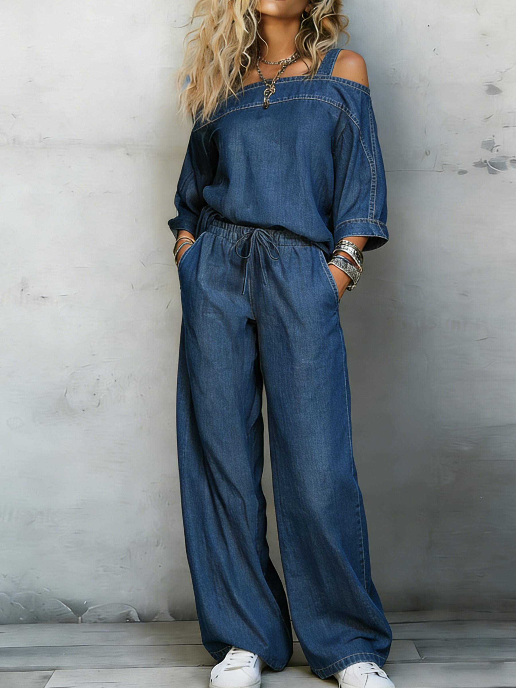 Retro Casual Off-the-shoulder Denim Long-sleeved T-shirt And Wide-leg Pants Set.