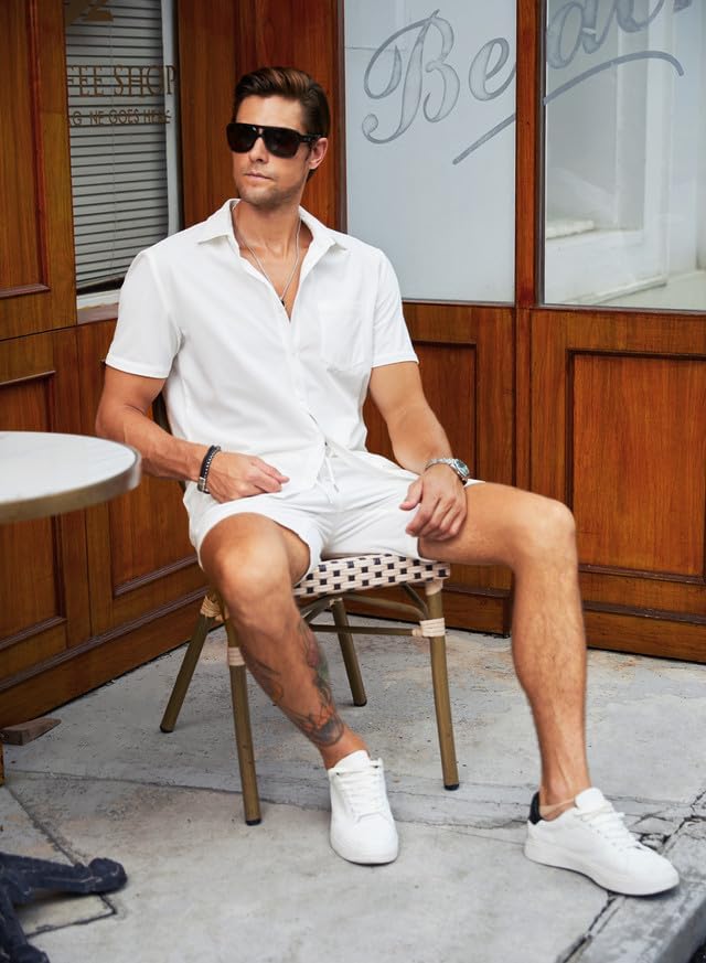 Men's 2 Piece Outfits Casual Button Down Short Sleeve Shirts Shorts Summer Beach Sets