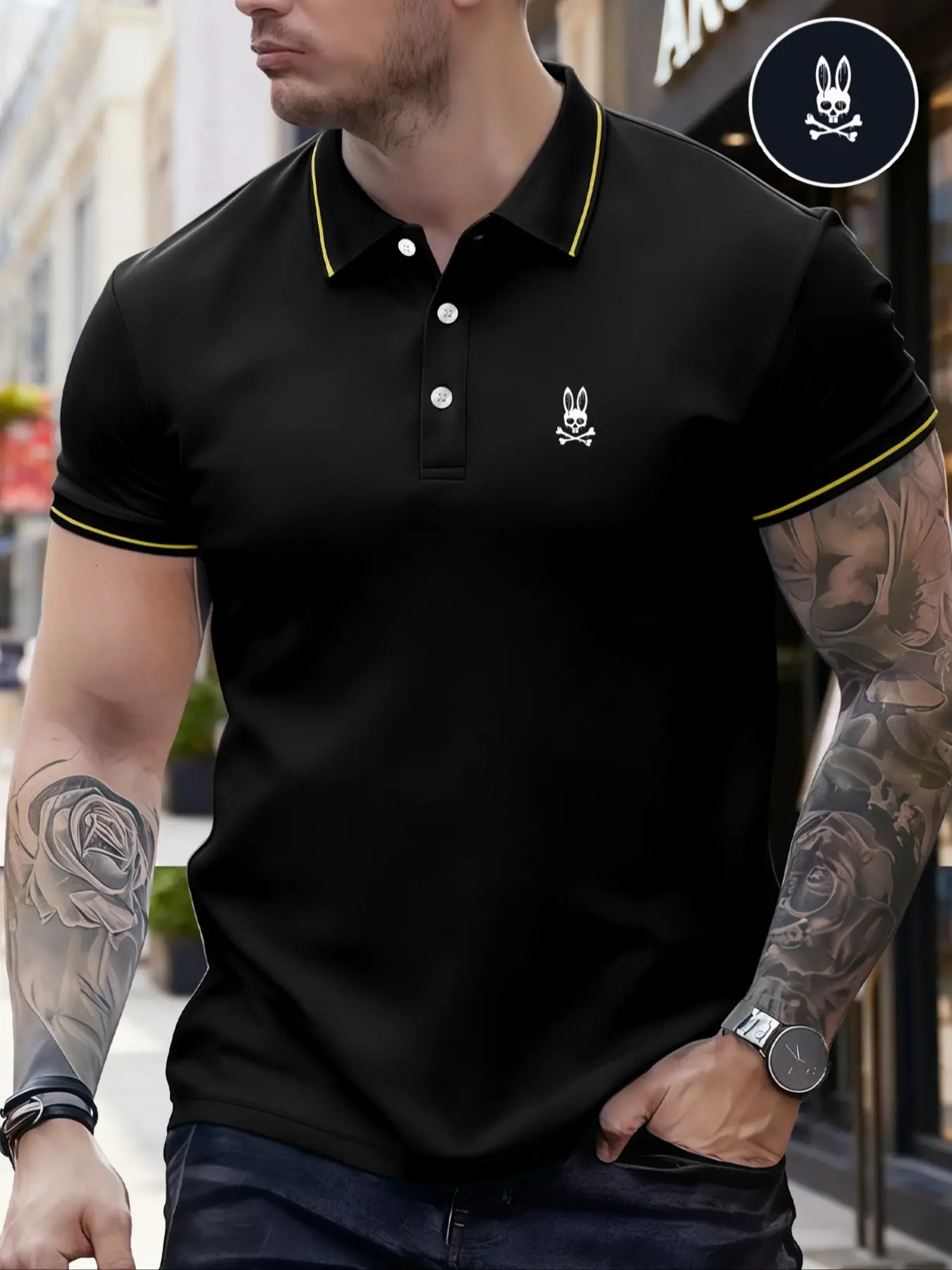 Men's Regular Fit Letter Print Skull Rabbit Contrast Trim Polo Shirt, Casual Short Sleeve Half Zip Top for Summer