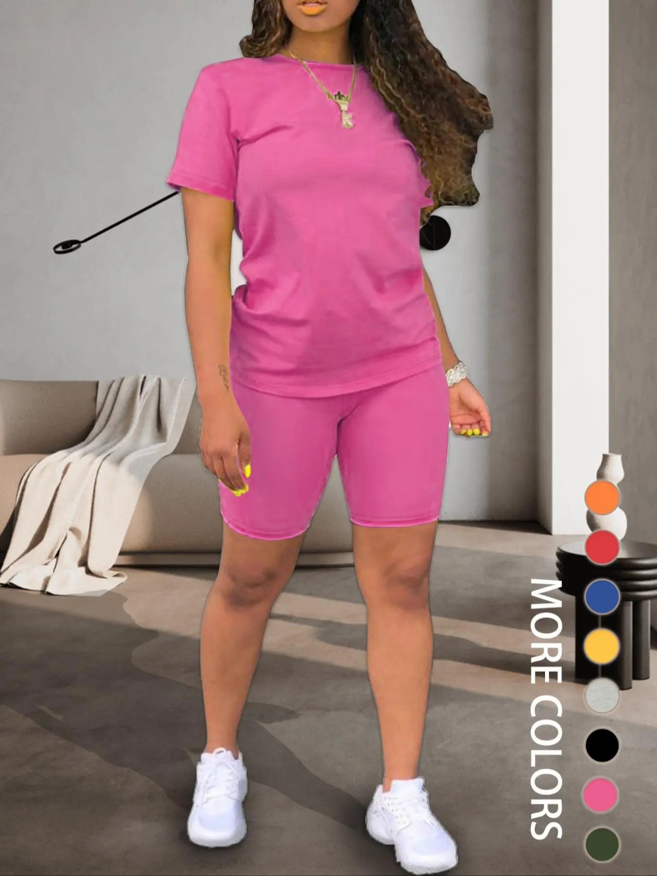 Two-piece Set Women's Fitted Plain Round Neck Tee & Skinny Shorts Set, Summer Clothes Women, Short Sleeve Crew Neck T-shirt & Shorts, Casual Summer Clothes for Outdoor, Cute Summer Outfit, Casual Matching Set, Womenswear