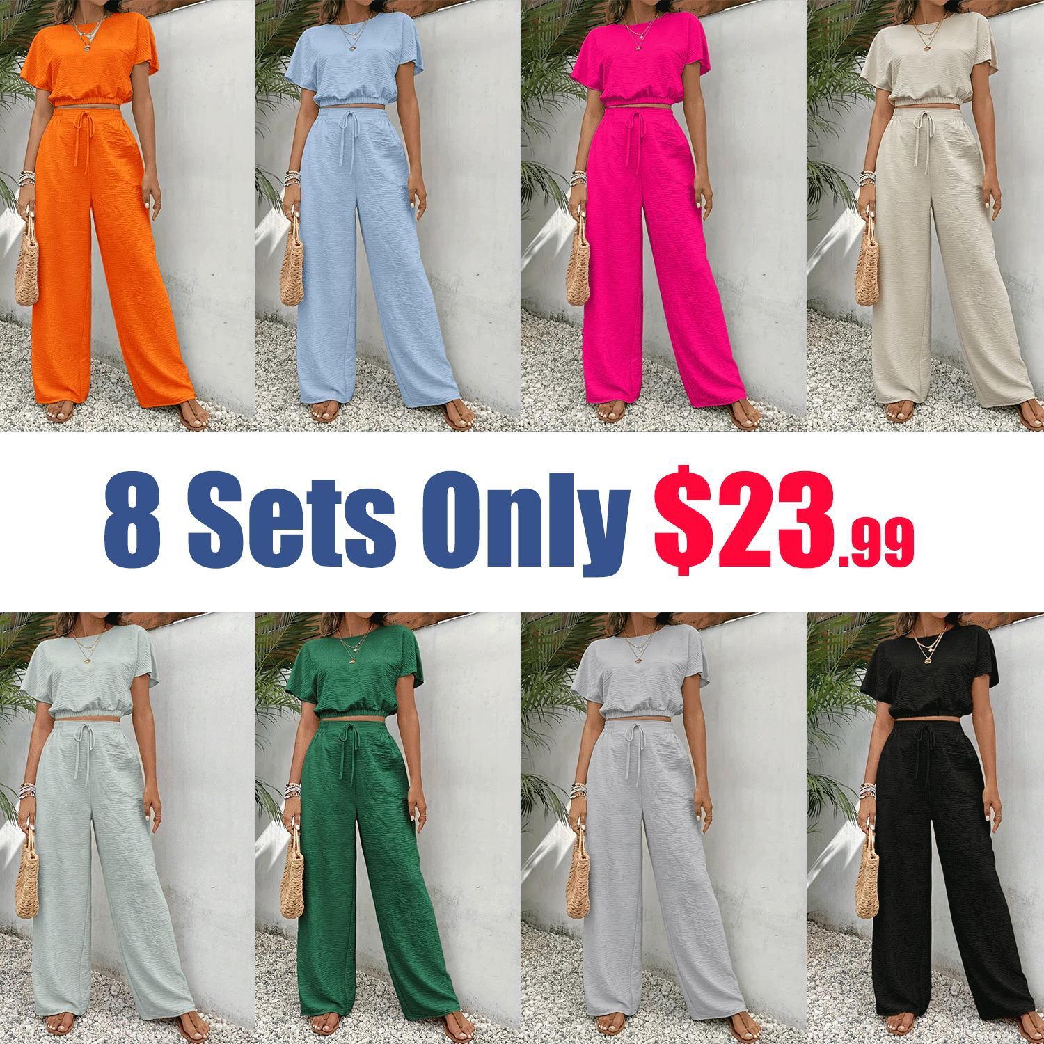 Women’s Casual Two-Piece Set – Fitted Top & Wide Leg Pants