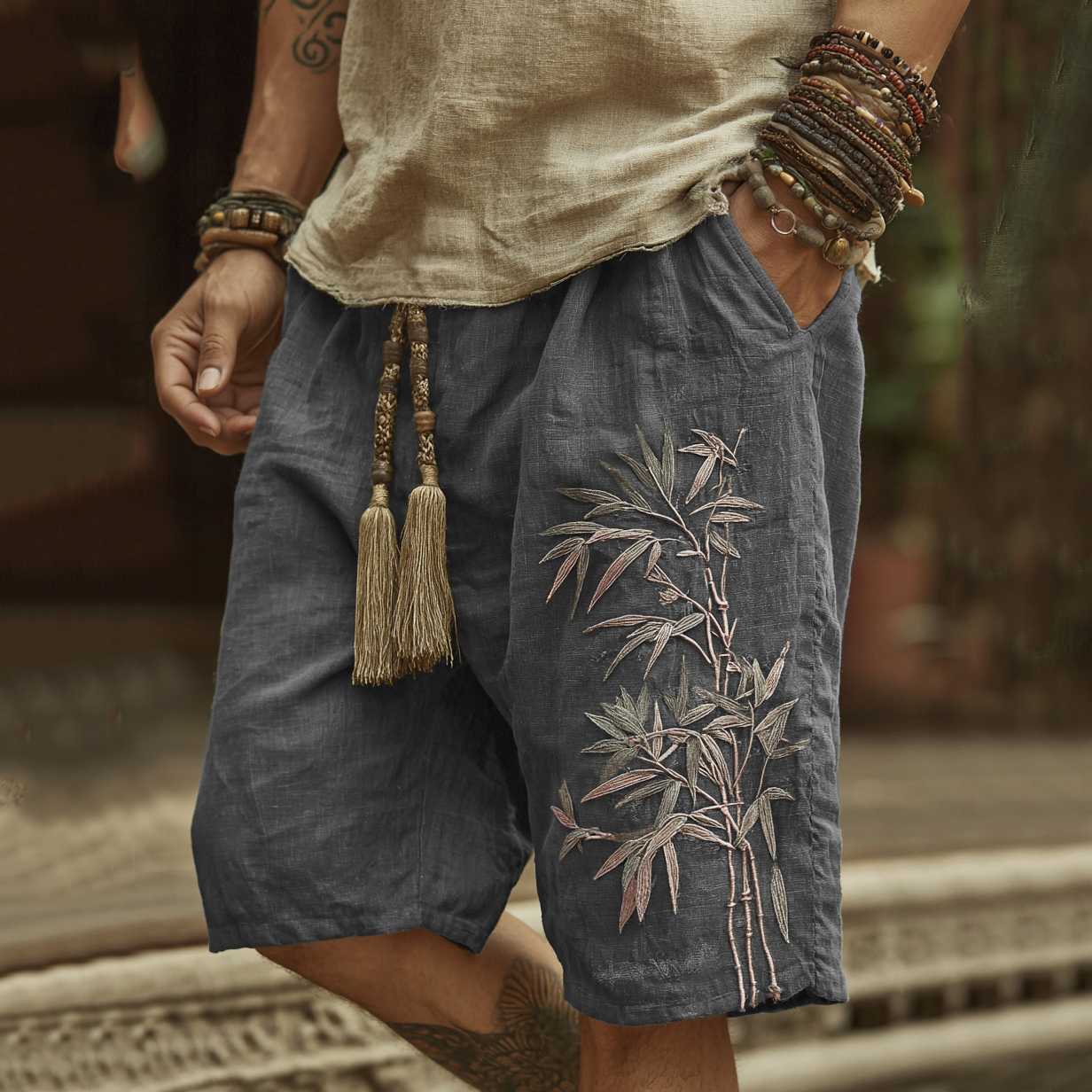Japanese Bamboo Embroidery Art Linen Blend Casual Shorts