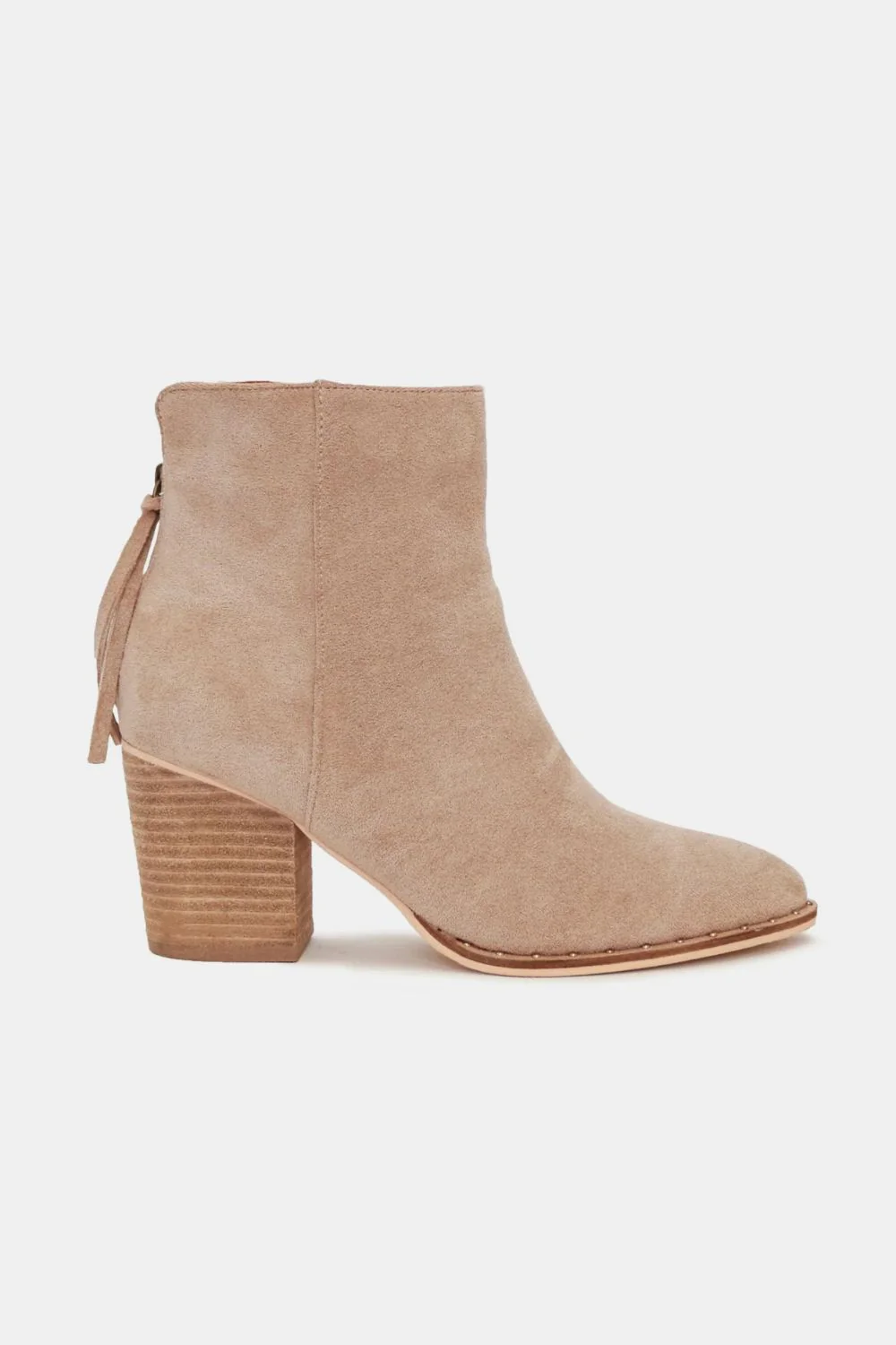 Suede Point Toe Ankle Booties in Taupe