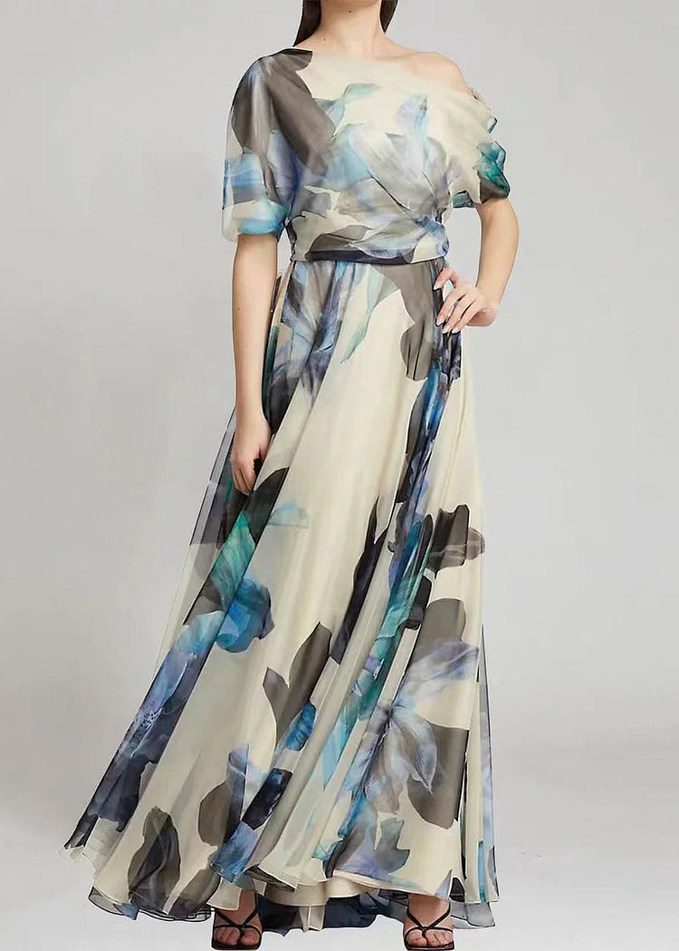 Asymmetrical Print Chiffon Long Dresses