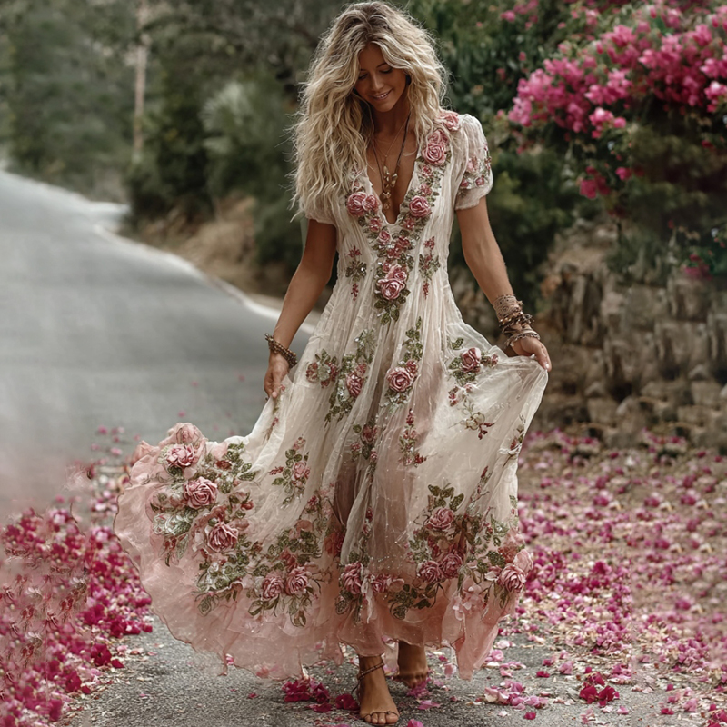 Women's Vintage Floral Embroidery Art Comfy Linen Maxi Dress