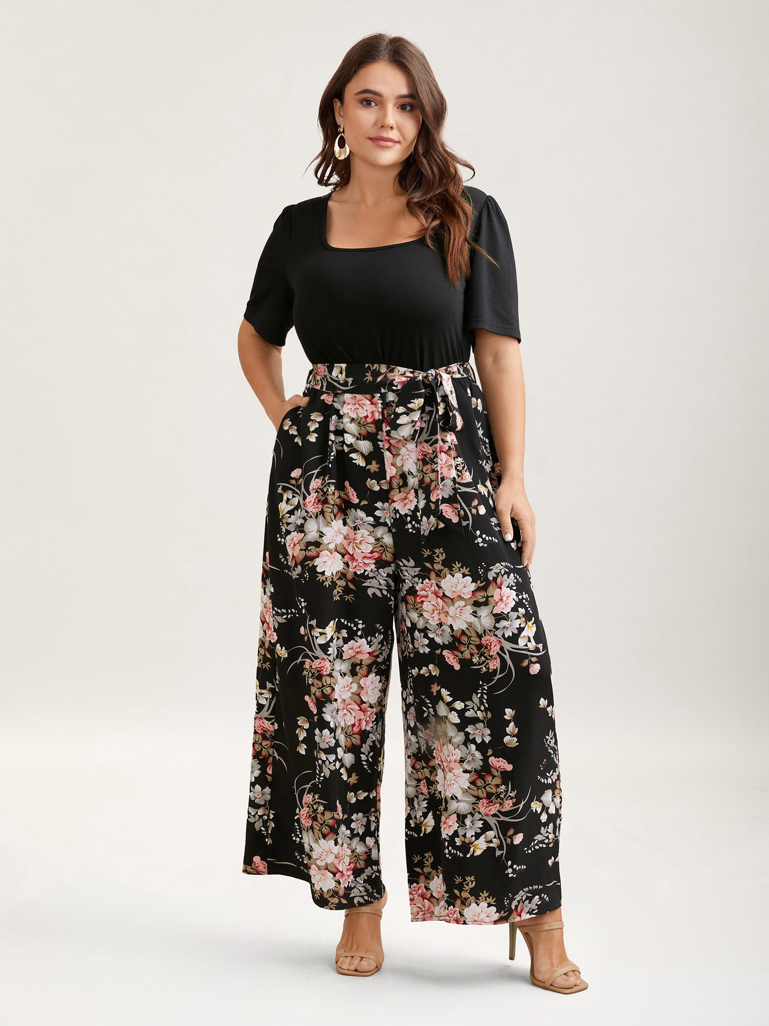 Color Contrast Belted Panel Pockets Jumpsuit