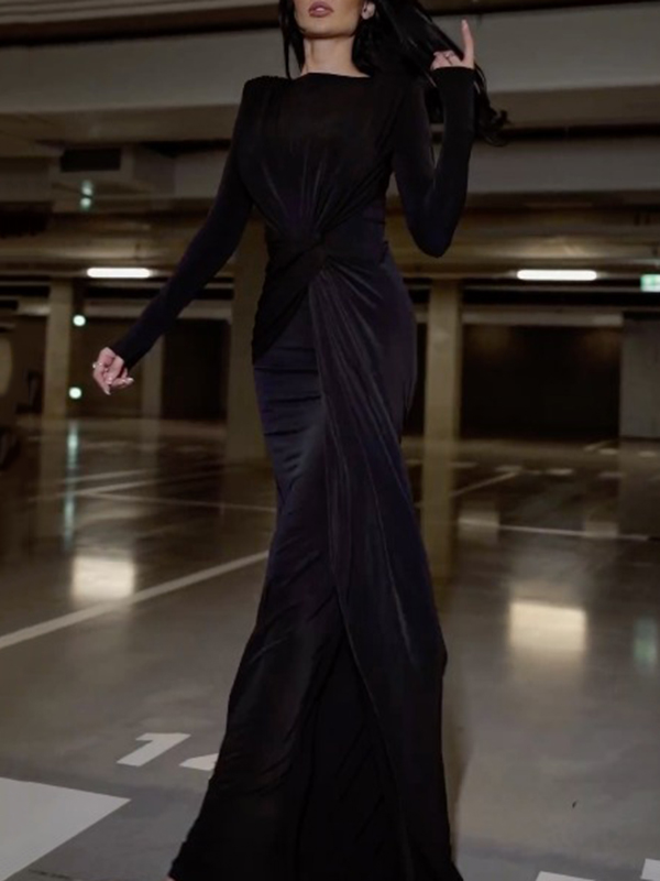 Solid Color Long Sleeves Mermaid Round-neck Maxi Dresses Evening Dresses