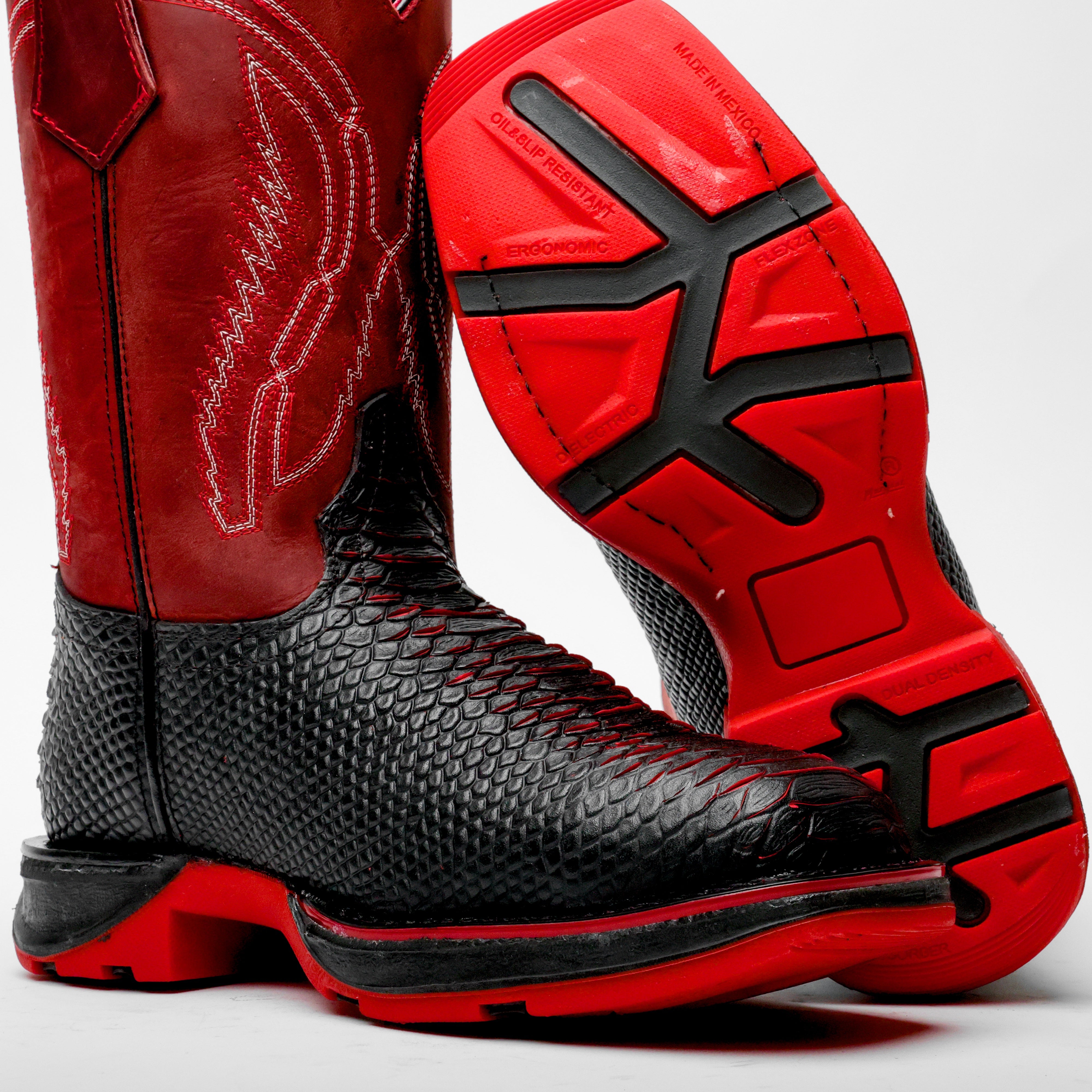 Black/Red Python Leather Boots With 3D Lightweight Sole - Composite Toe