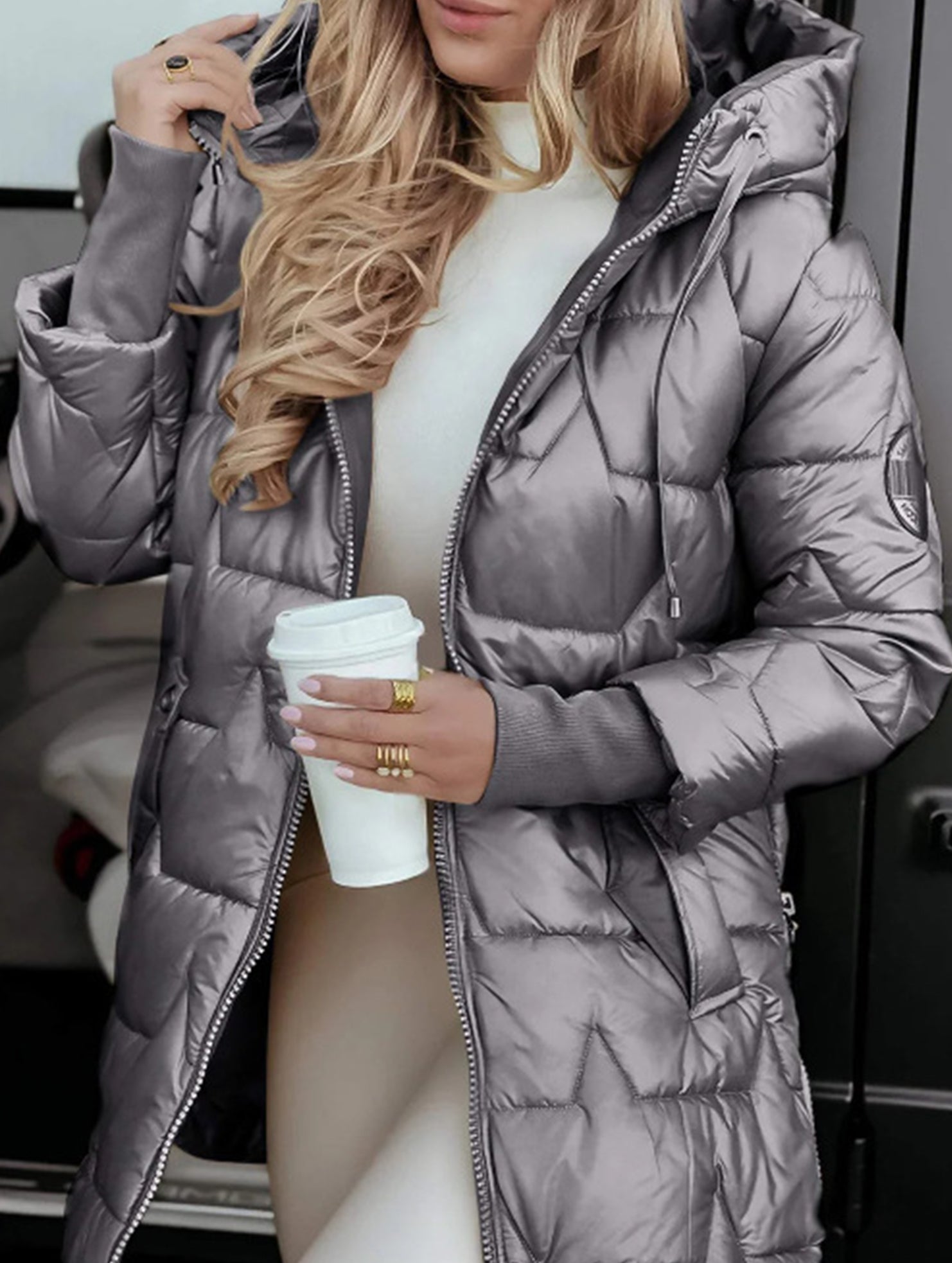 Hooded mid-length three-zip cotton coat