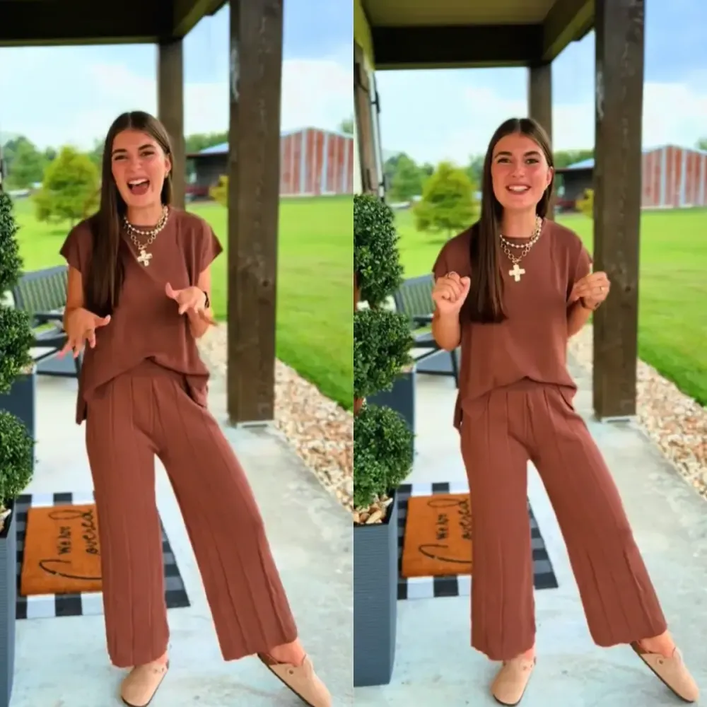Lounge Sets for Women Two Piece Outfits Knit Cap Sleeve Tops Wide Leg Pleated Pants Casual Dressy Sweater Sets